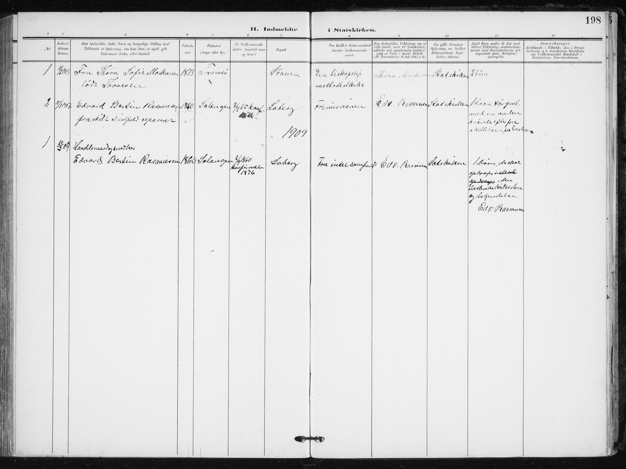 Salangen sokneprestembete, AV/SATØ-S-1324/H/Ha/L0002kirke: Parish register (official) no. 2, 1902-1911, p. 198