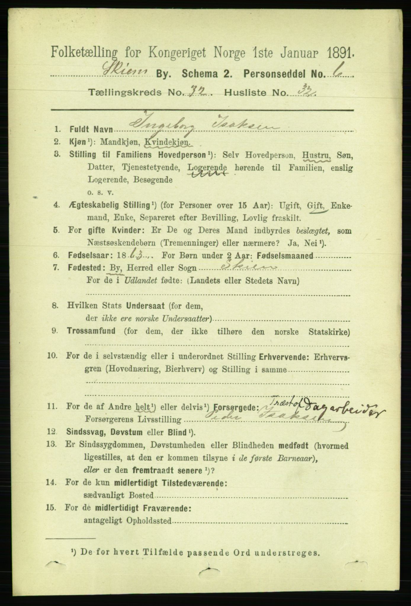 RA, 1891 census for 0806 Skien, 1891, p. 7475