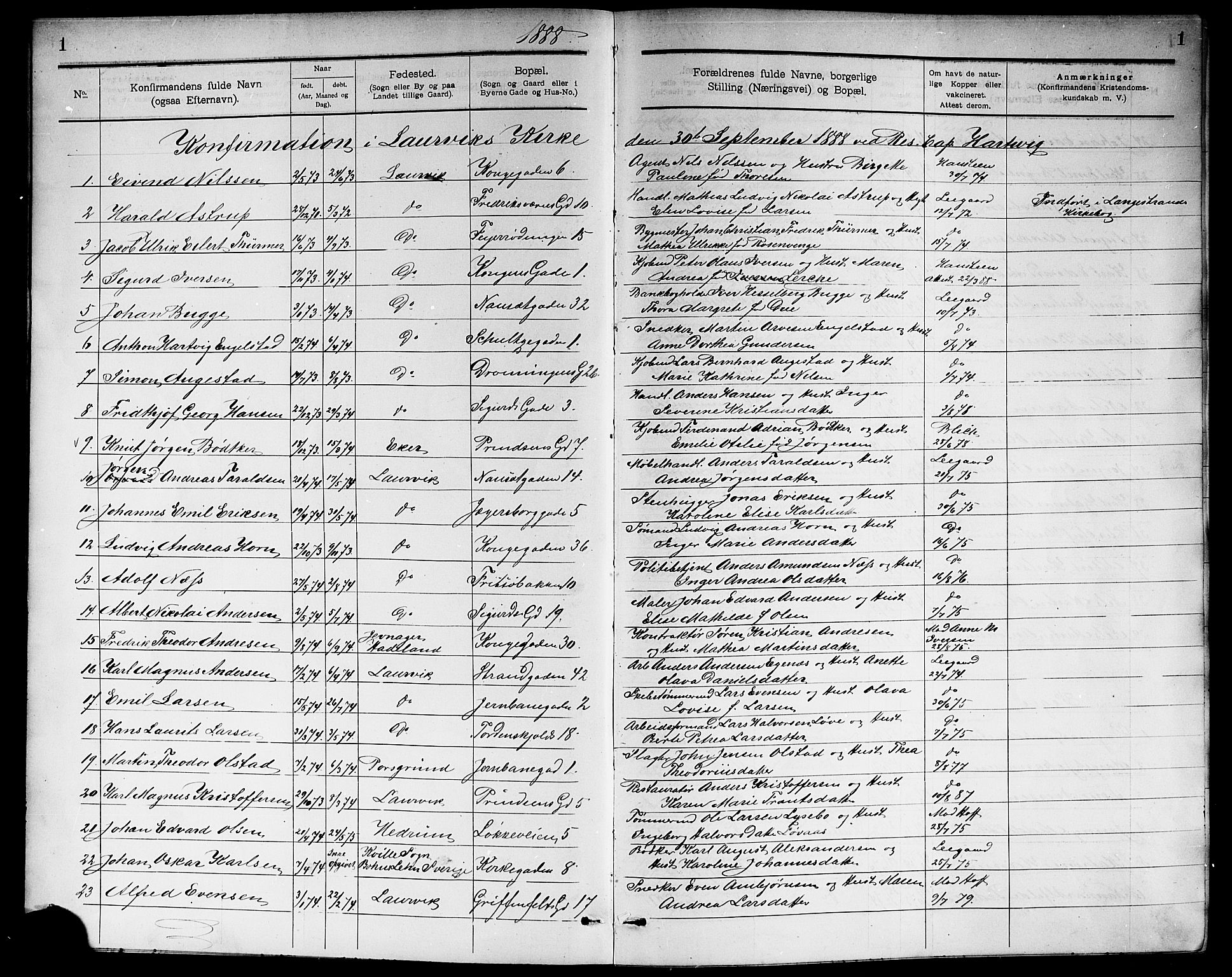 Larvik kirkebøker, SAKO/A-352/G/Ga/L0006: Parish register (copy) no. I 6, 1888-1917, p. 1