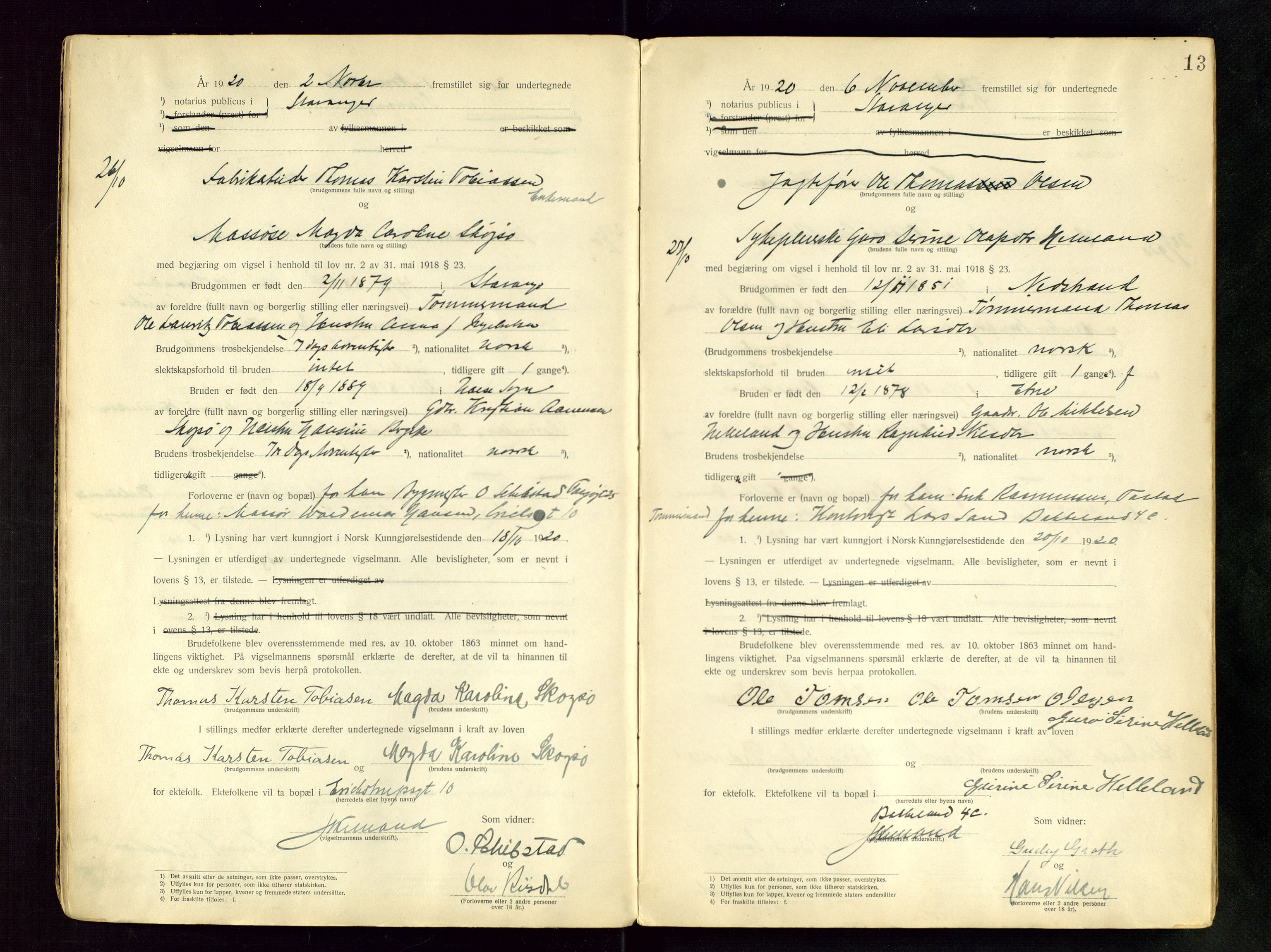 Stavanger byfogd, AV/SAST-A-101408/001/6/62/62BB/L0001: Vigselsprotokoll, 1920-1926, p. 13