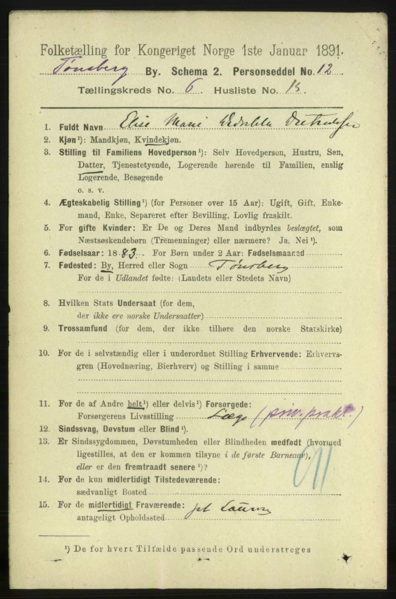 RA, 1891 census for 0705 Tønsberg, 1891, p. 2709