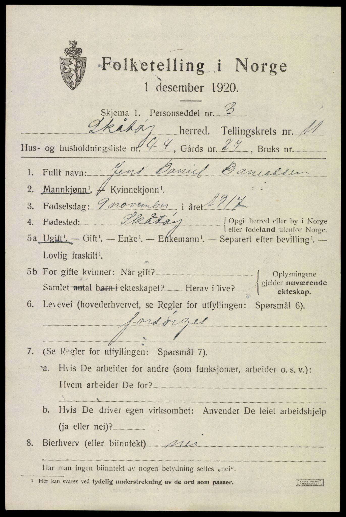 SAKO, 1920 census for Skåtøy, 1920, p. 8020