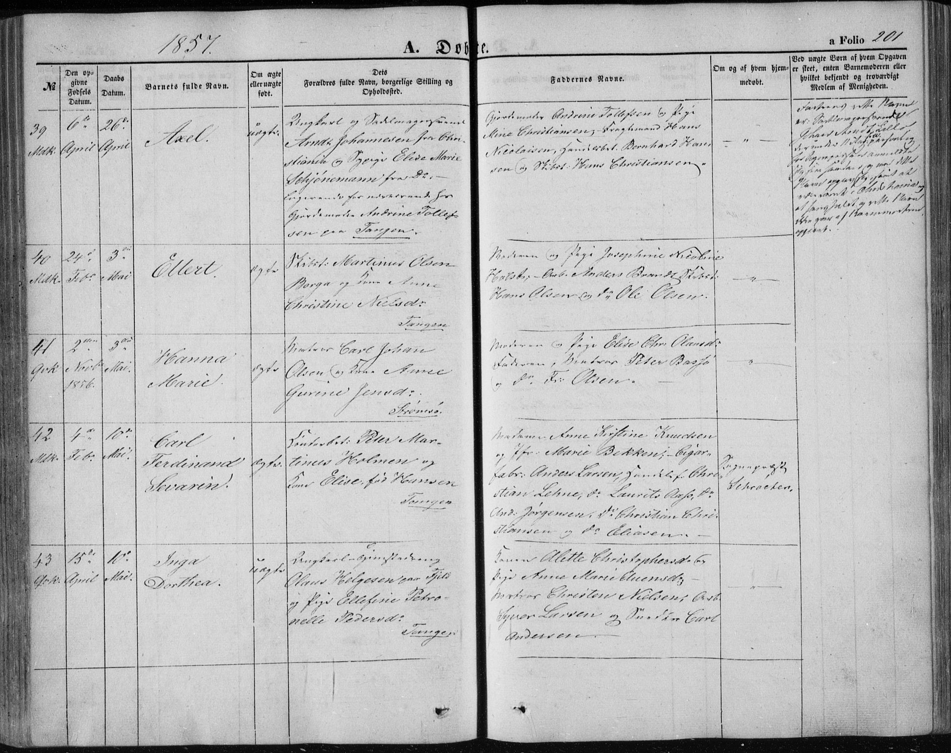 Strømsø kirkebøker, AV/SAKO-A-246/F/Fa/L0014: Parish register (official) no. I 14, 1848-1858, p. 201