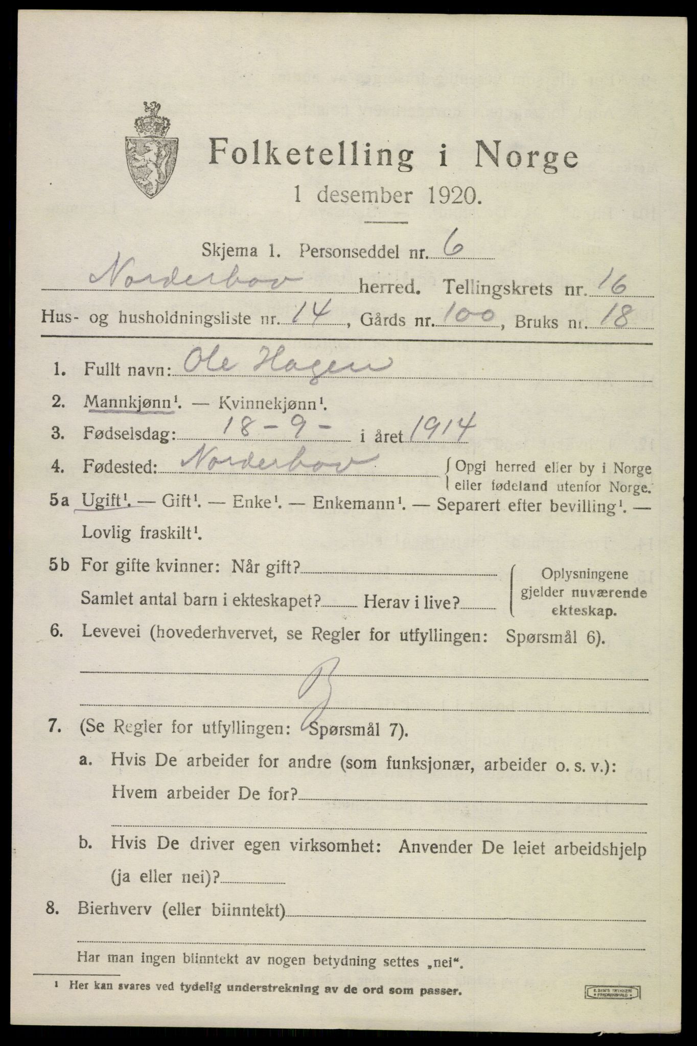 SAKO, 1920 census for Norderhov, 1920, p. 17804