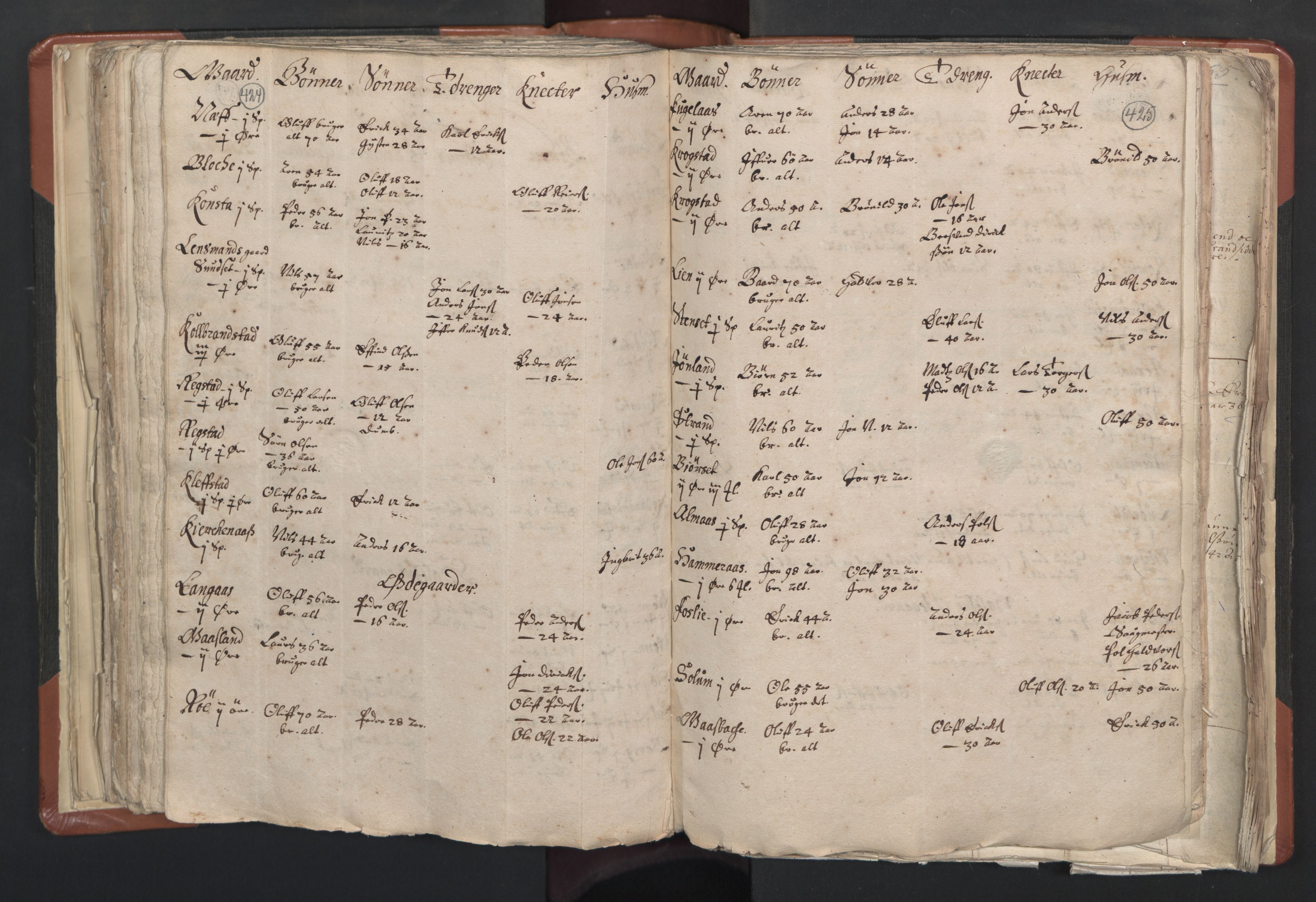 RA, Vicar's Census 1664-1666, no. 31: Dalane deanery, 1664-1666, p. 424-425