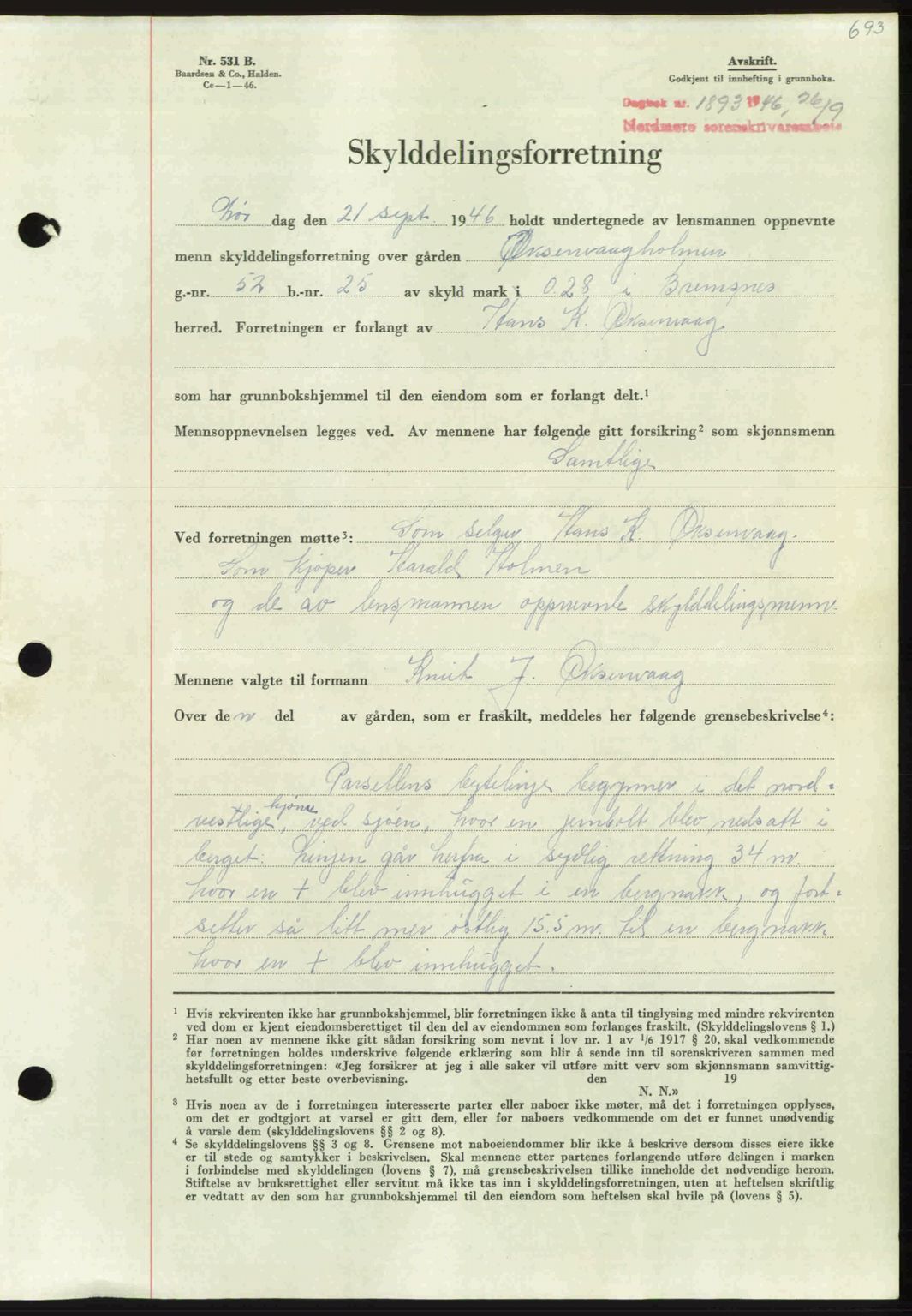 Nordmøre sorenskriveri, AV/SAT-A-4132/1/2/2Ca: Mortgage book no. A102, 1946-1946, Diary no: : 1893/1946