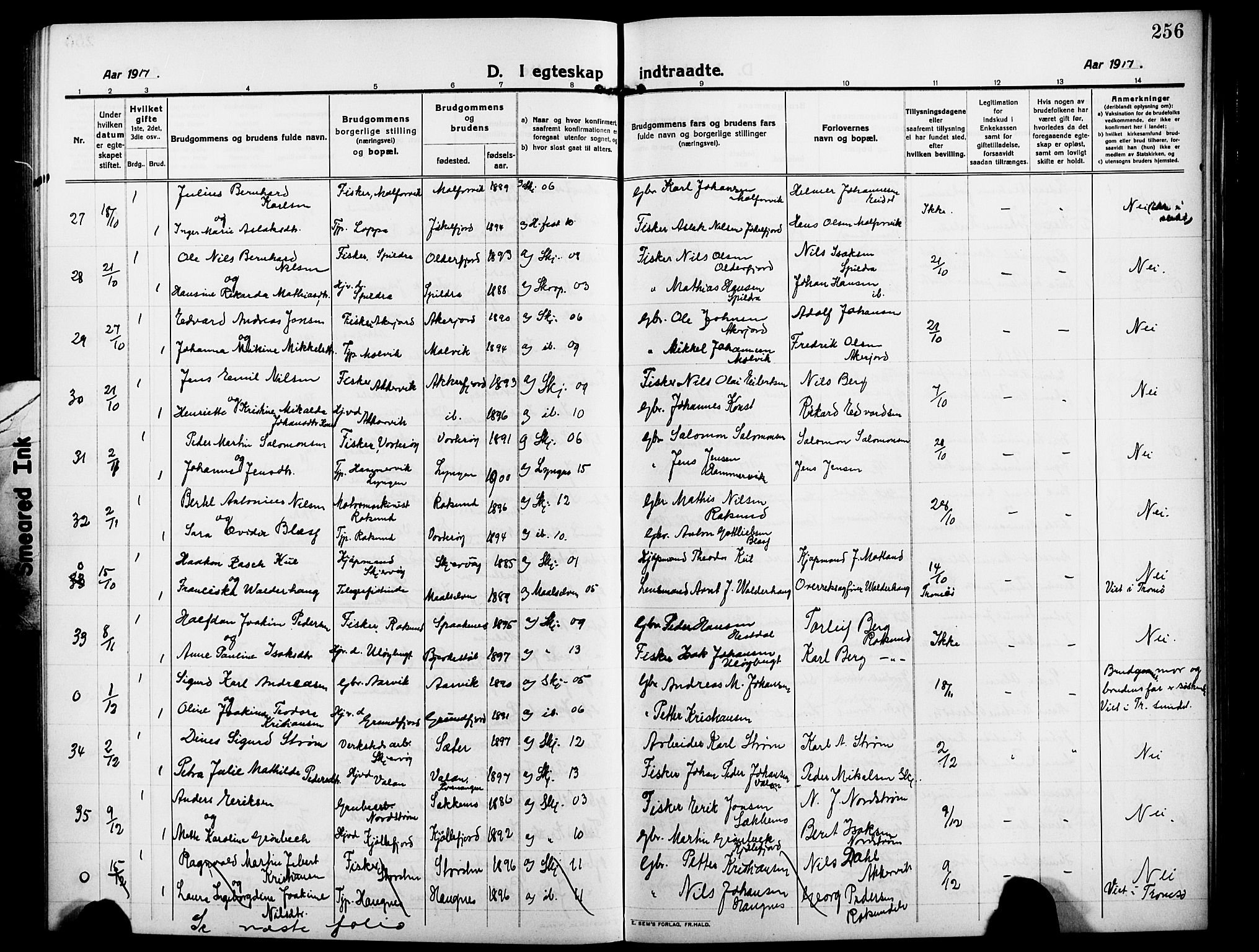 Skjervøy sokneprestkontor, AV/SATØ-S-1300/H/Ha/Hab/L0009klokker: Parish register (copy) no. 9, 1911-1926, p. 256