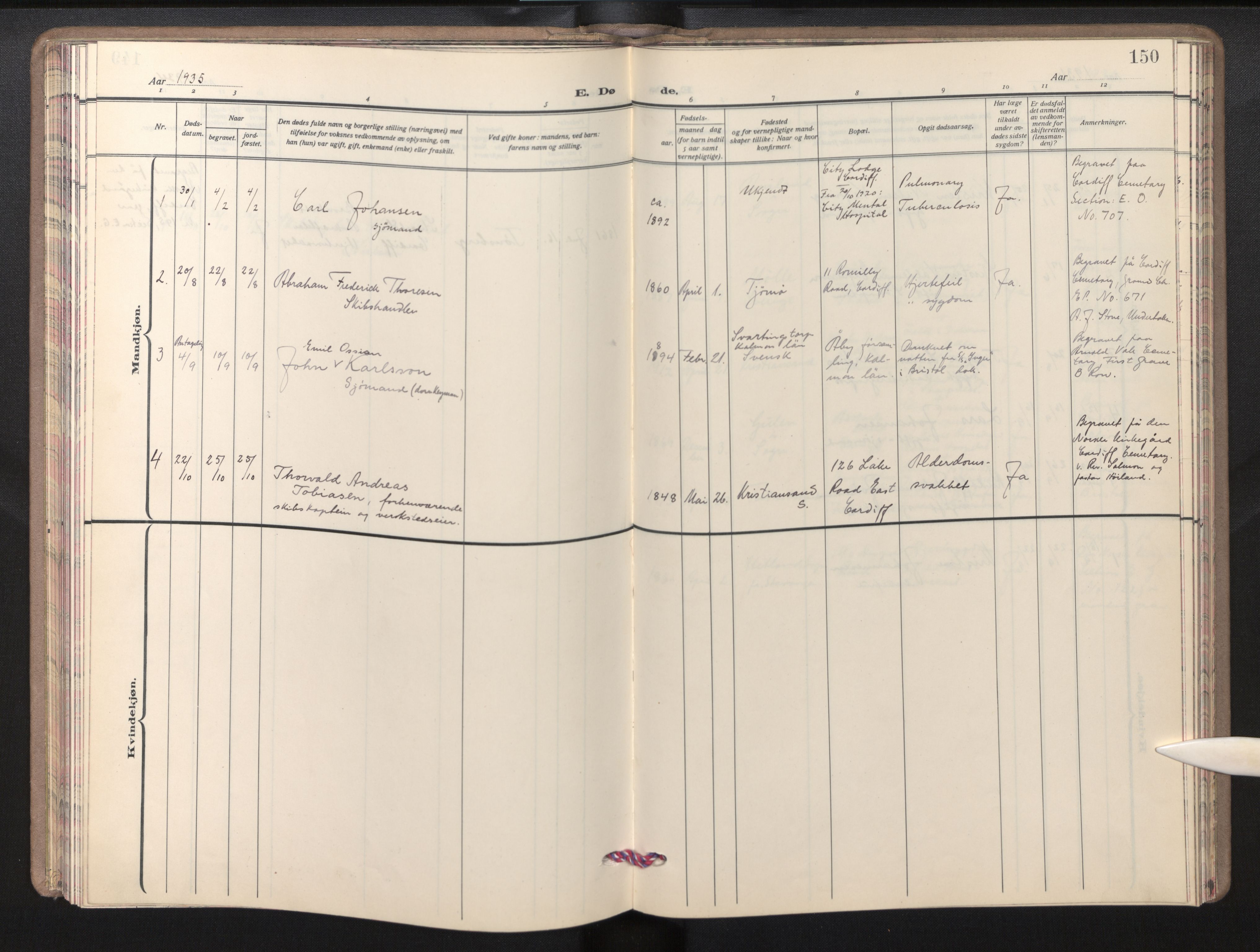 Den norske sjømannsmisjon i utlandet/Bristolhavnene(Cardiff-Swansea), SAB/SAB/PA-0102/H/Ha/Haa/L0003: Parish register (official) no. A 3, 1932-1966, p. 149b-150a
