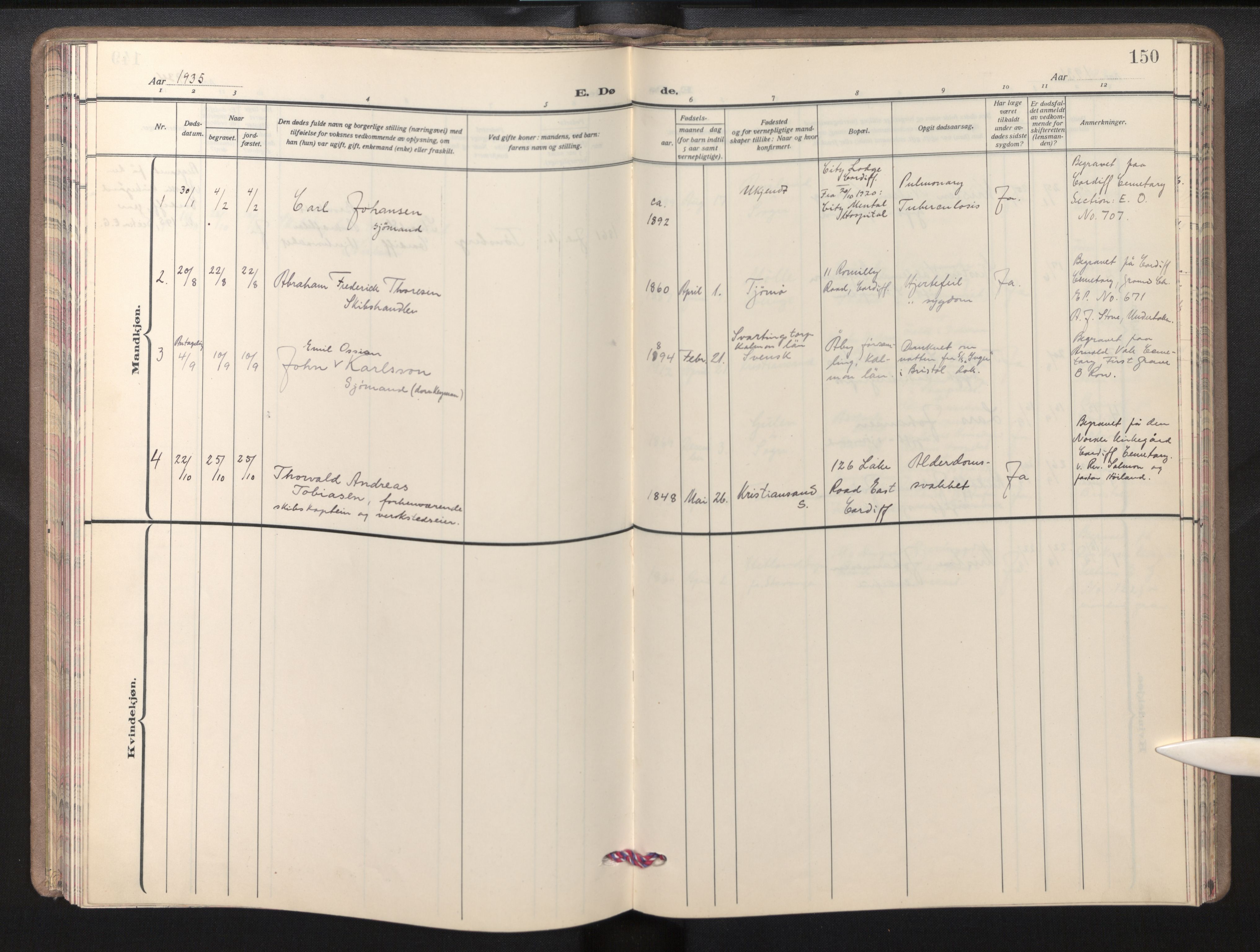 Den norske sjømannsmisjon i utlandet/Bristolhavnene(Cardiff-Swansea), AV/SAB-SAB/PA-0102/H/Ha/Haa/L0003: Parish register (official) no. A 3, 1932-1966, p. 149b-150a