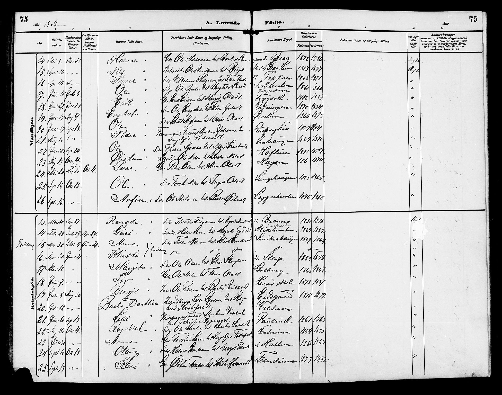 Gol kirkebøker, SAKO/A-226/G/Ga/L0003: Parish register (copy) no. I 3, 1887-1914, p. 75