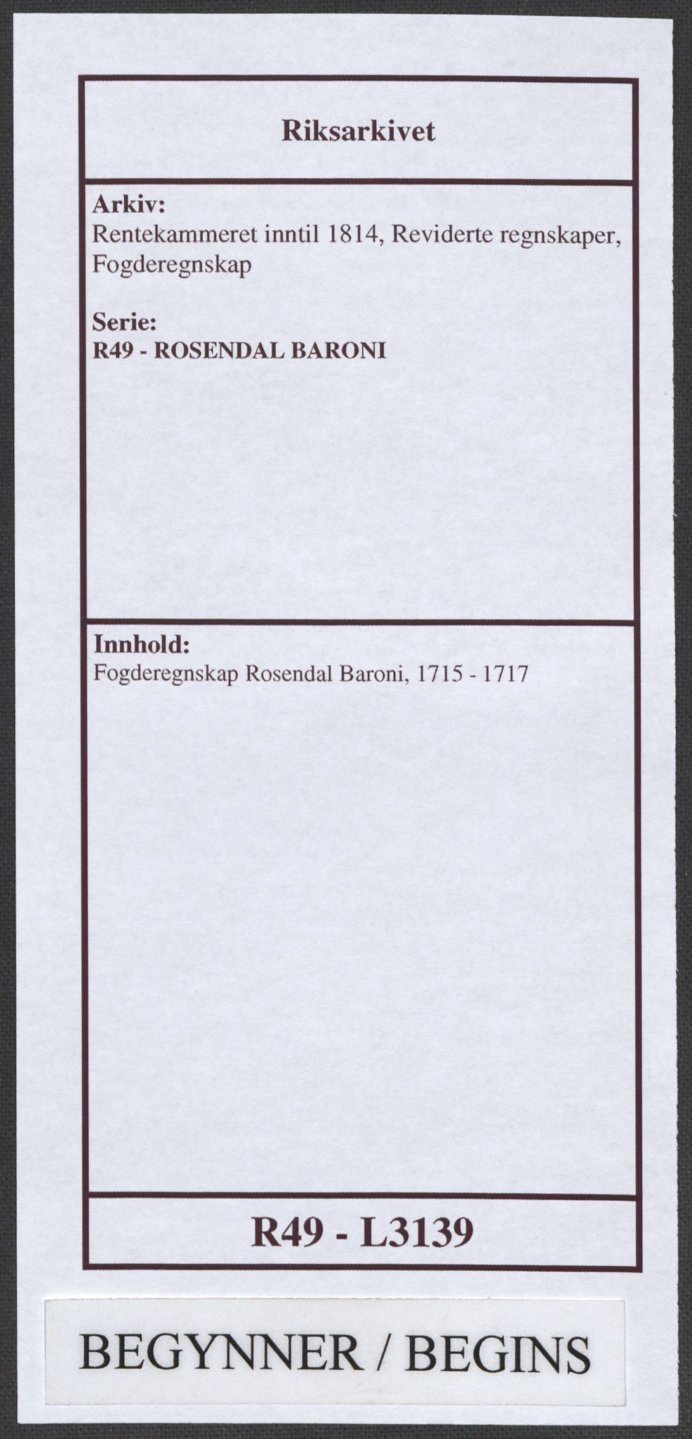 Rentekammeret inntil 1814, Reviderte regnskaper, Fogderegnskap, AV/RA-EA-4092/R49/L3139: Fogderegnskap Rosendal Baroni, 1715-1717, p. 1