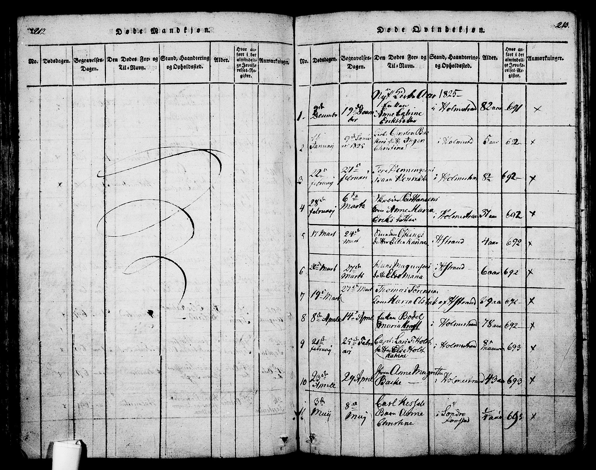 Holmestrand kirkebøker, SAKO/A-346/G/Ga/L0001: Parish register (copy) no. 1, 1814-1848, p. 212-213