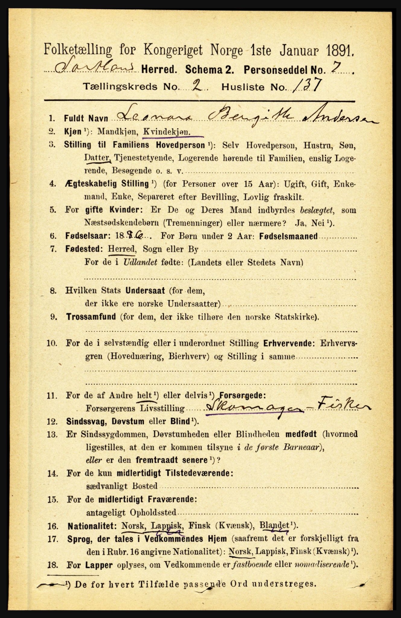 RA, 1891 census for 1870 Sortland, 1891, p. 2039