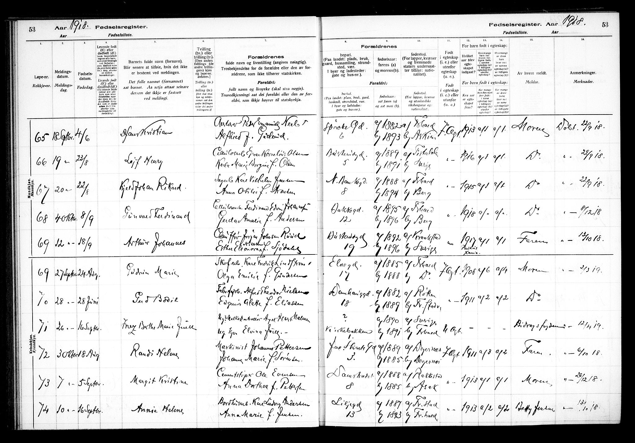 Halden prestekontor Kirkebøker, AV/SAO-A-10909/J/Ja/L0001: Birth register no. I 1, 1916-1925, p. 53