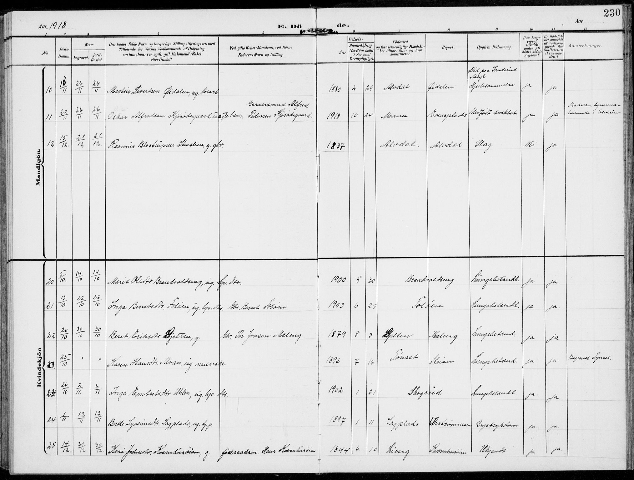 Alvdal prestekontor, AV/SAH-PREST-060/H/Ha/Haa/L0004: Parish register (official) no. 4, 1907-1919, p. 230