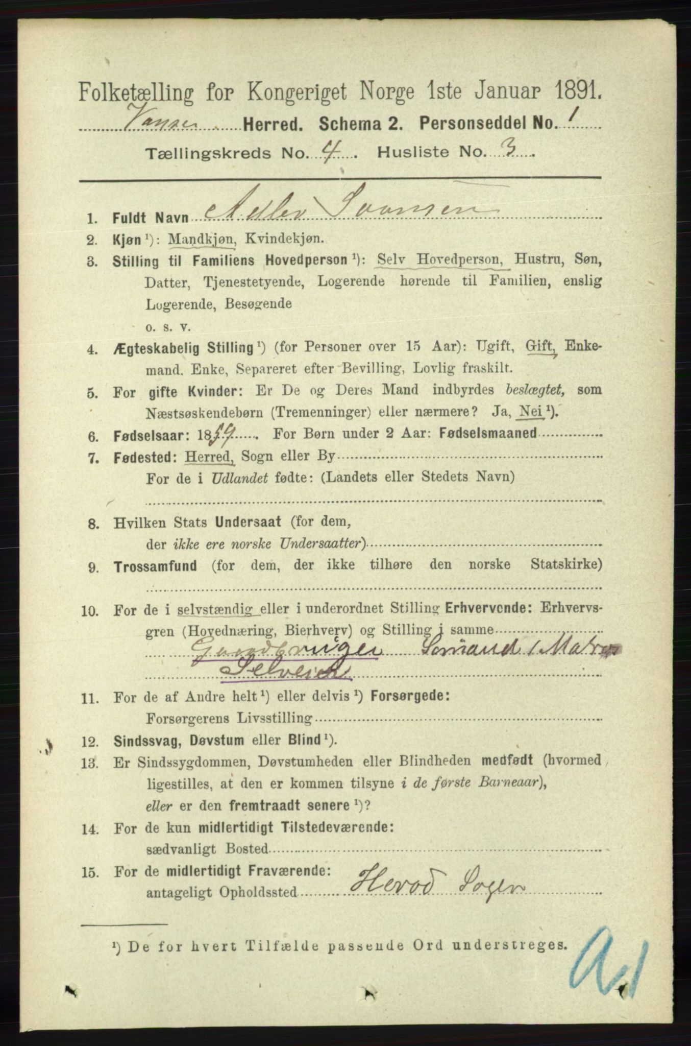 RA, 1891 census for 1041 Vanse, 1891, p. 2152