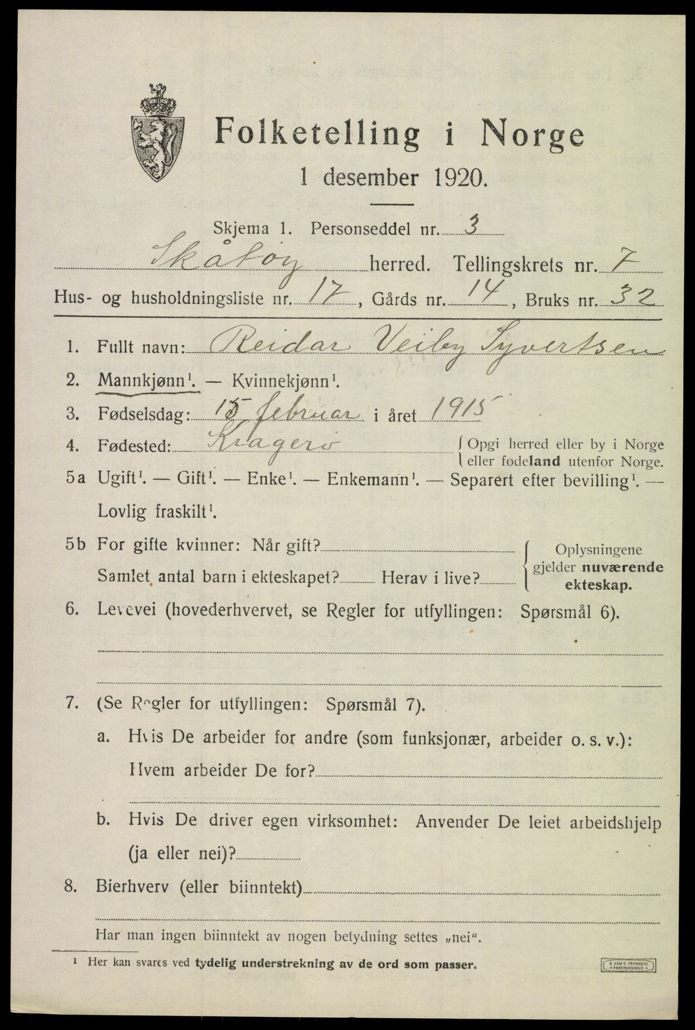 SAKO, 1920 census for Skåtøy, 1920, p. 5488