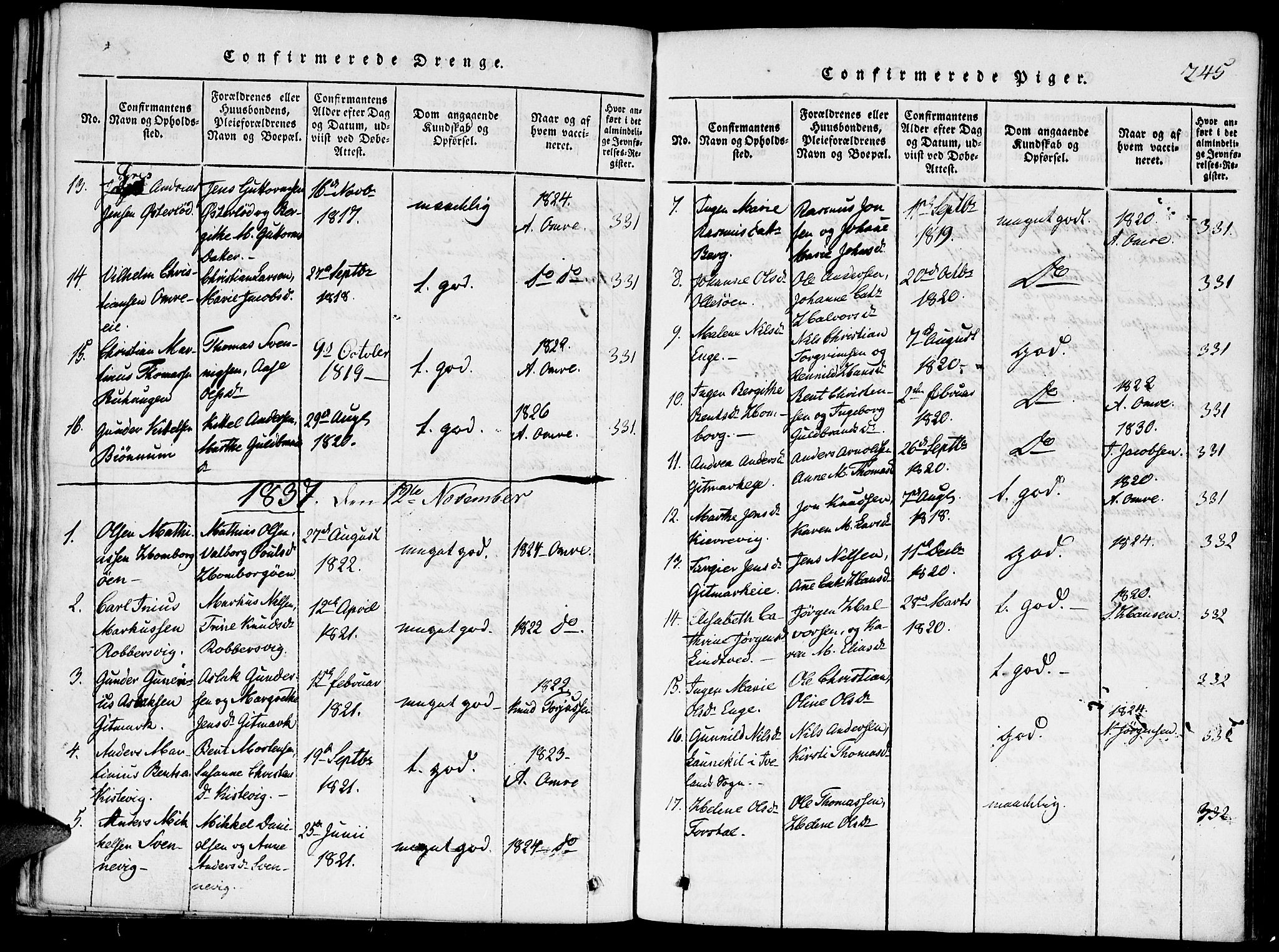 Hommedal sokneprestkontor, AV/SAK-1111-0023/F/Fa/Faa/L0001: Parish register (official) no. A 1, 1816-1860, p. 245