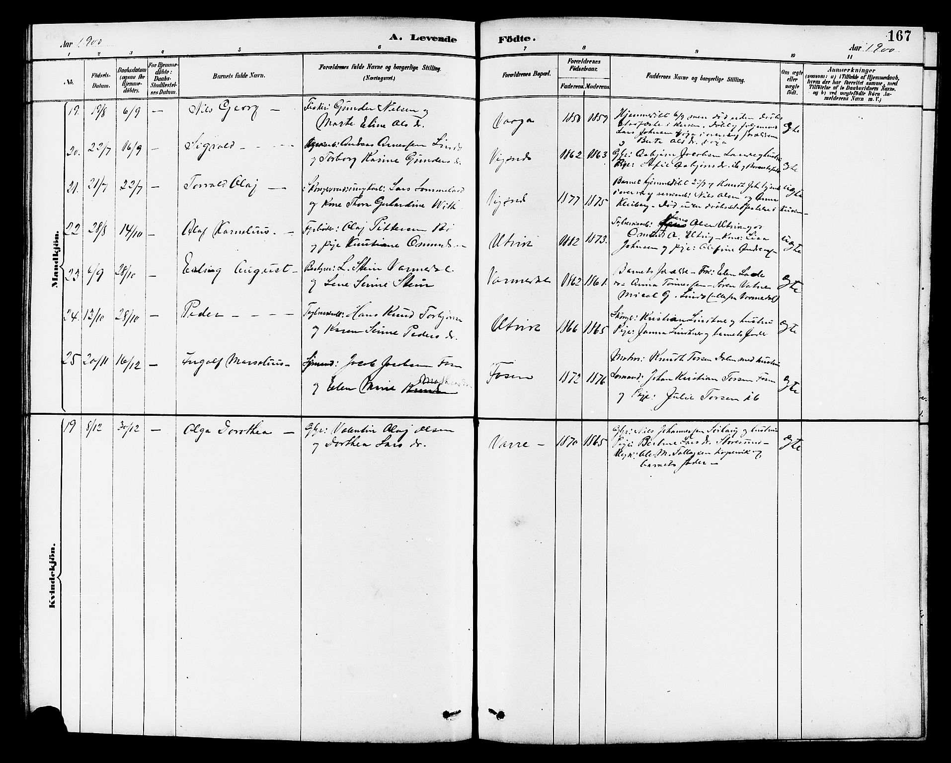 Avaldsnes sokneprestkontor, AV/SAST-A -101851/H/Ha/Hab/L0007: Parish register (copy) no. B 7, 1885-1909, p. 167