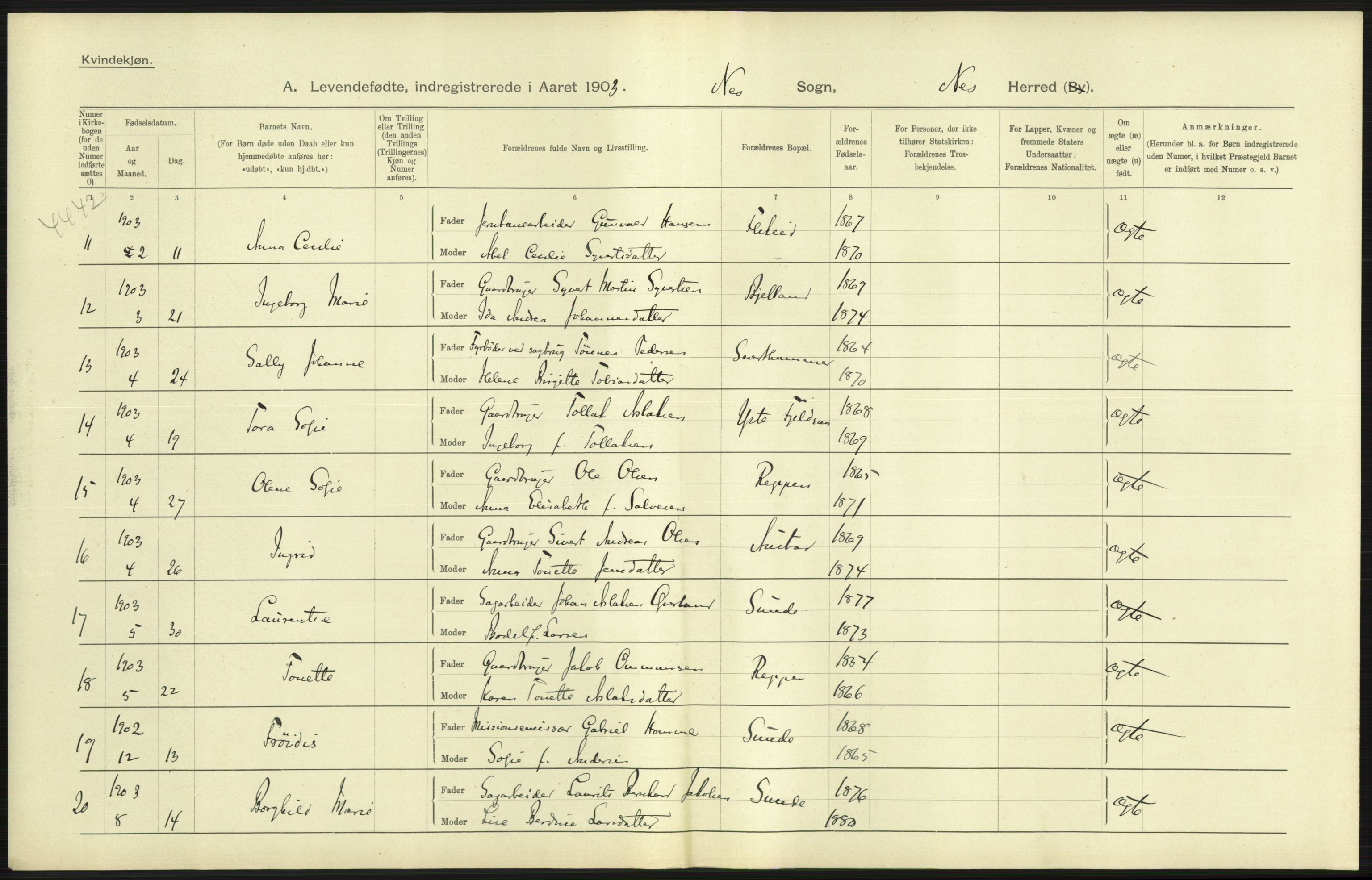 Statistisk sentralbyrå, Sosiodemografiske emner, Befolkning, AV/RA-S-2228/D/Df/Dfa/Dfaa/L0011: Lister og Mandal amt: Fødte, gifte, døde, 1903, p. 25