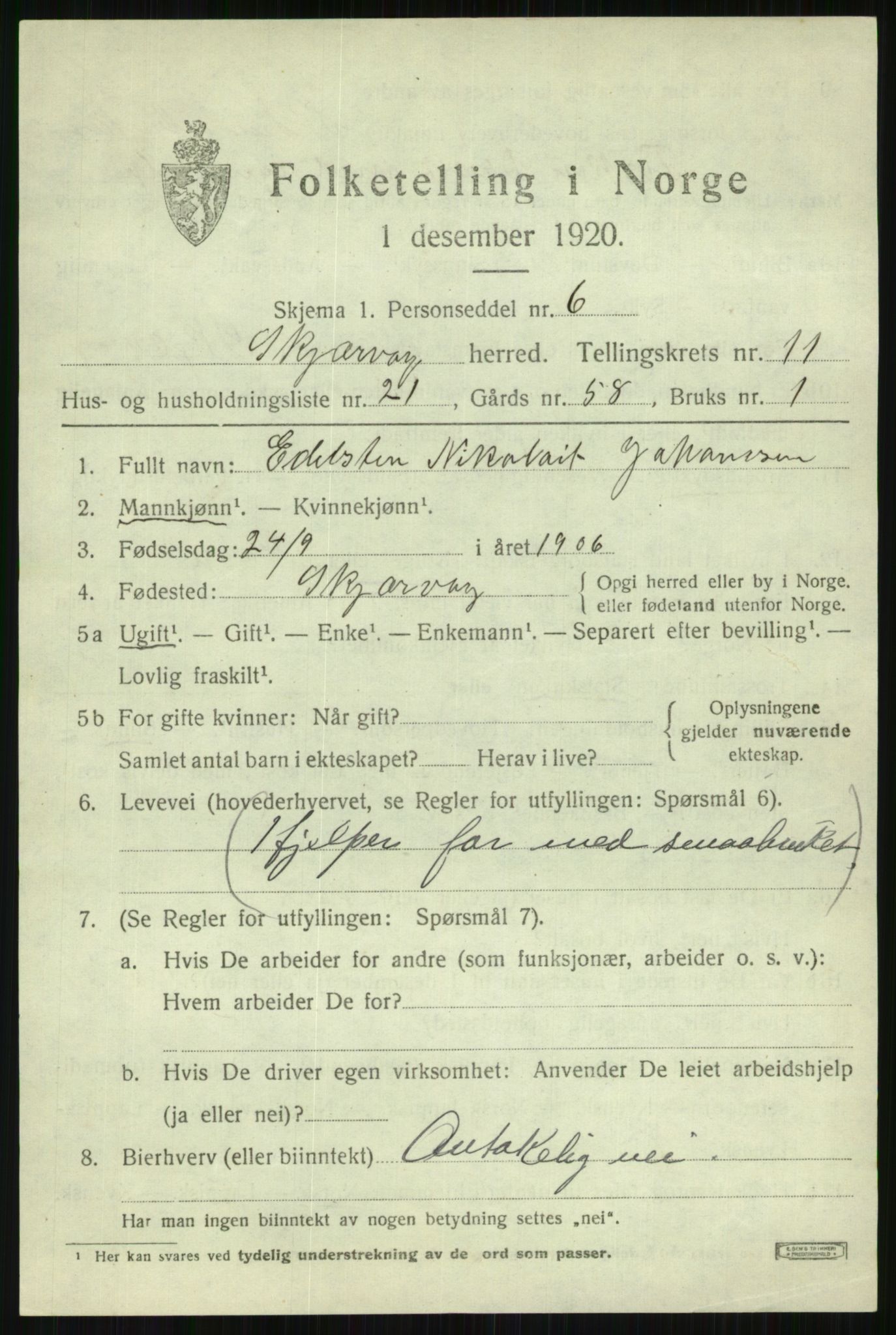 SATØ, 1920 census for Skjervøy, 1920, p. 5987