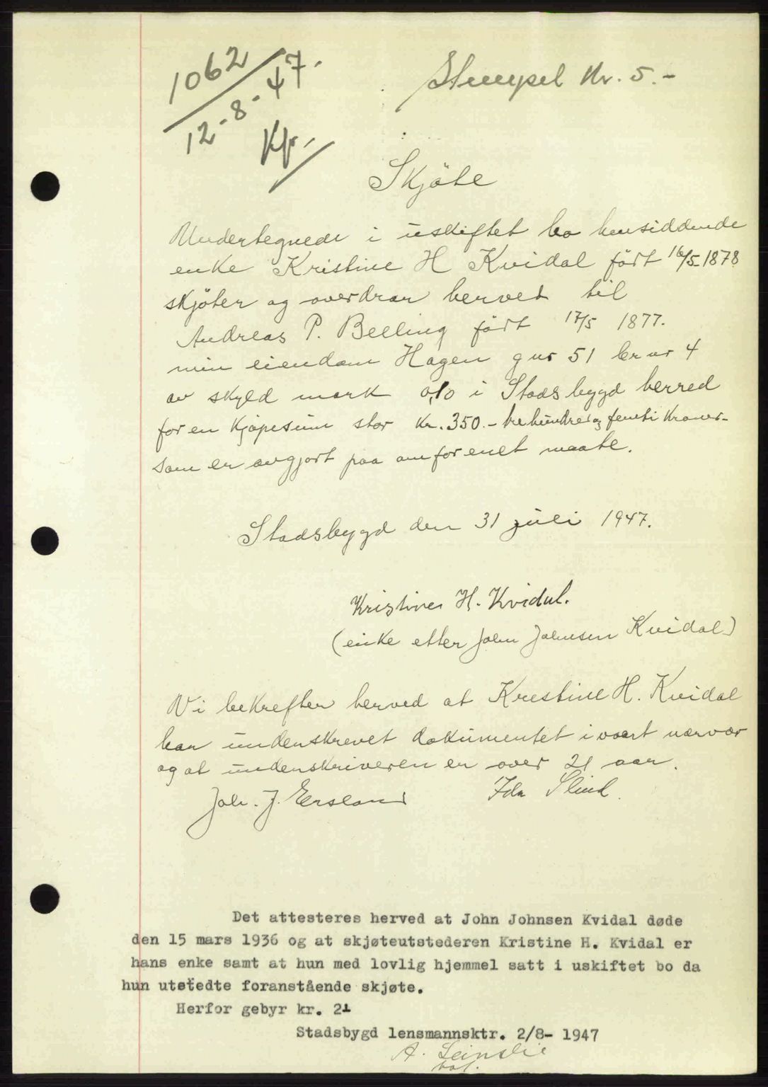Fosen sorenskriveri, AV/SAT-A-1107/1/2/2C: Mortgage book no. A4-6, 1946-1947, Diary no: : 1062/1947