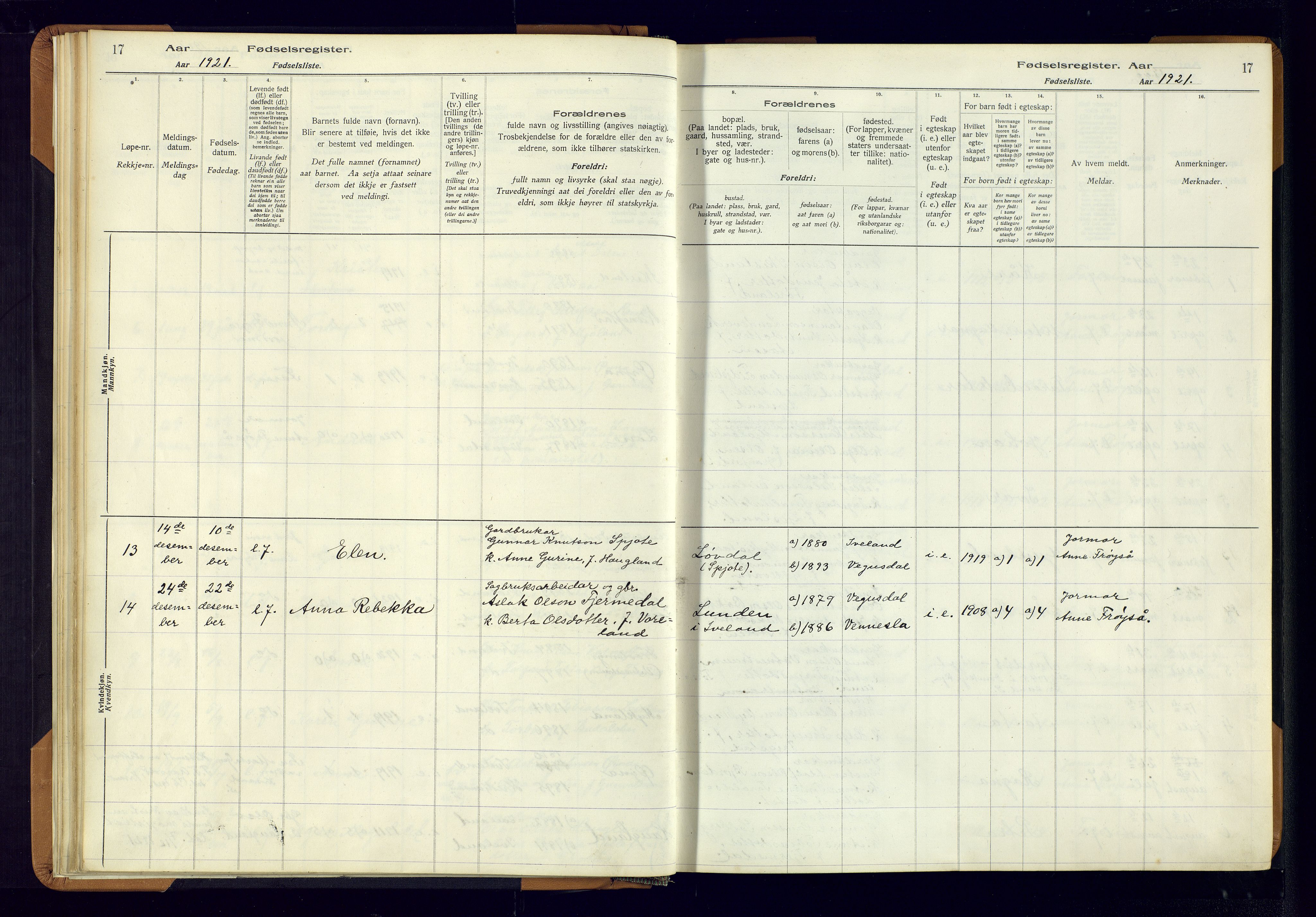 Evje sokneprestkontor, AV/SAK-1111-0008/J/Jc/L0003: Birth register no. II.4.3, 1916-1982, p. 17