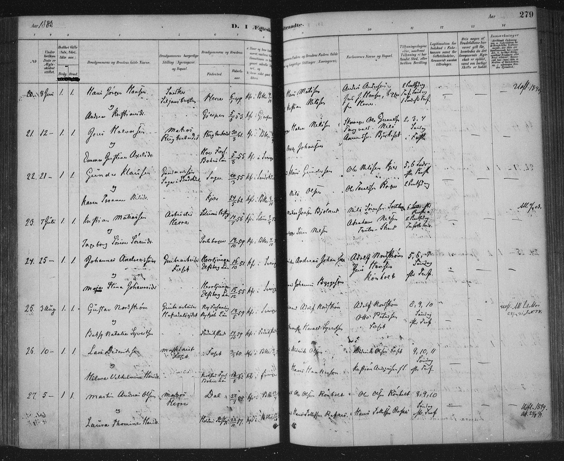 Bamble kirkebøker, SAKO/A-253/F/Fa/L0007: Parish register (official) no. I 7, 1878-1888, p. 279