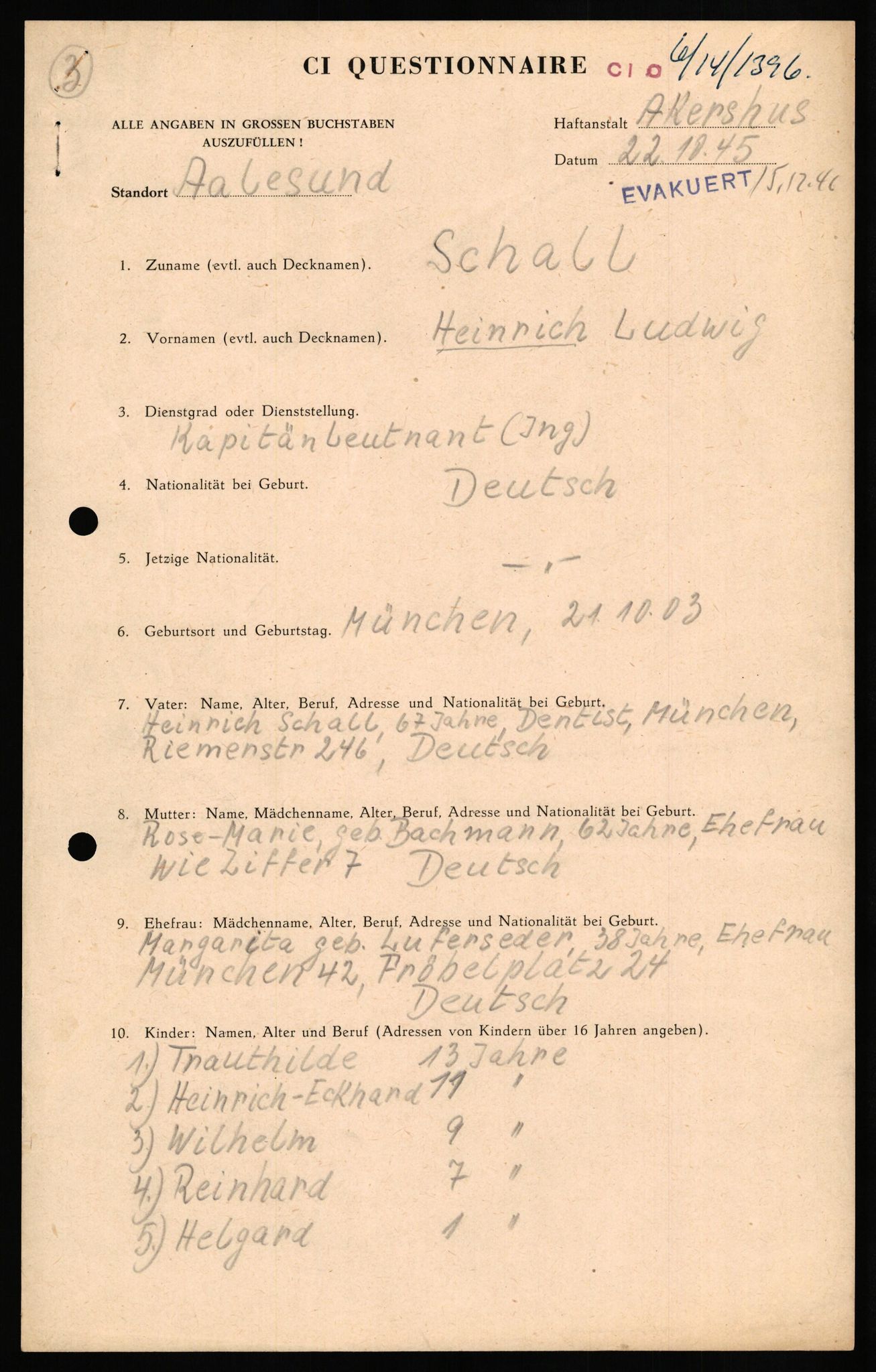 Forsvaret, Forsvarets overkommando II, RA/RAFA-3915/D/Db/L0029: CI Questionaires. Tyske okkupasjonsstyrker i Norge. Tyskere., 1945-1946, p. 35