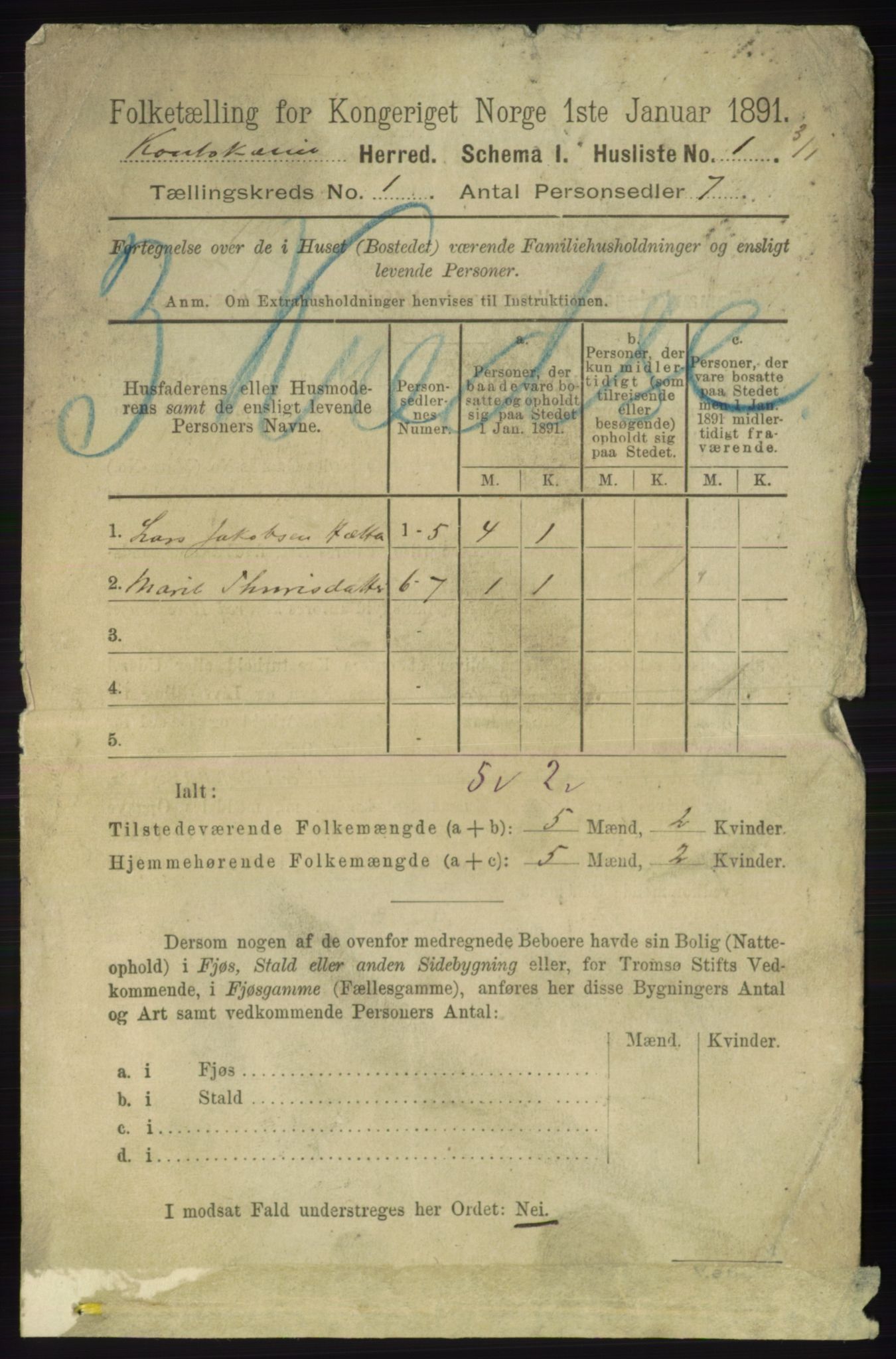 RA, 1891 census for 2011 Kautokeino, 1891, p. 14