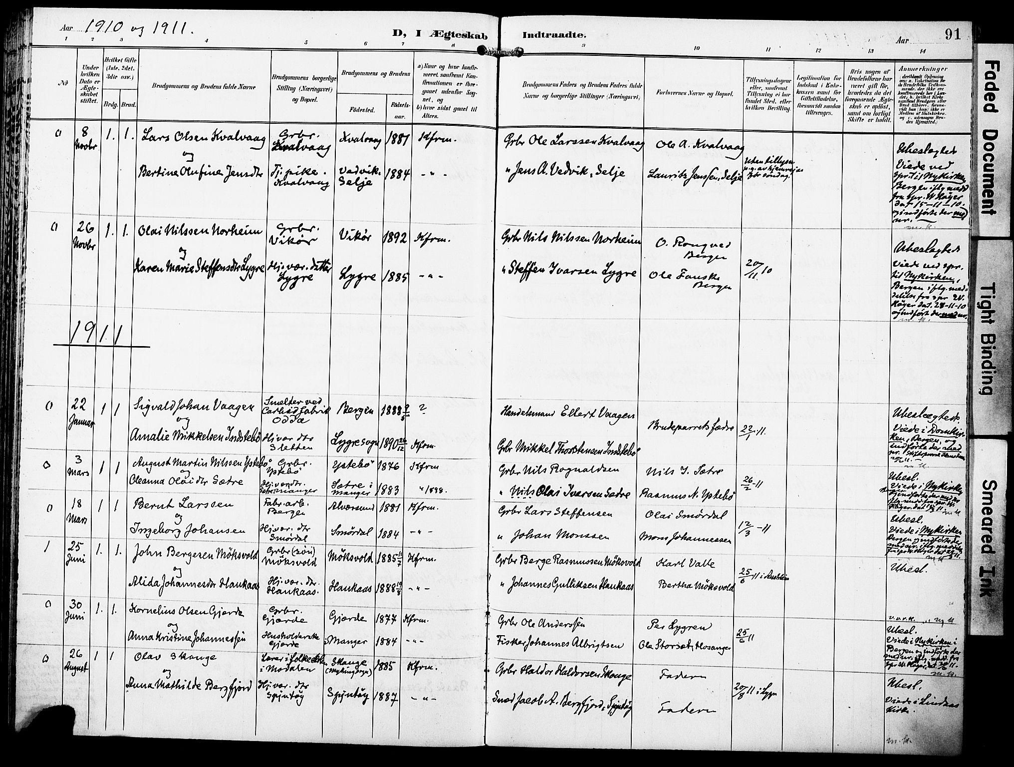 Lindås Sokneprestembete, SAB/A-76701/H/Haa: Parish register (official) no. E 2, 1897-1912, p. 91