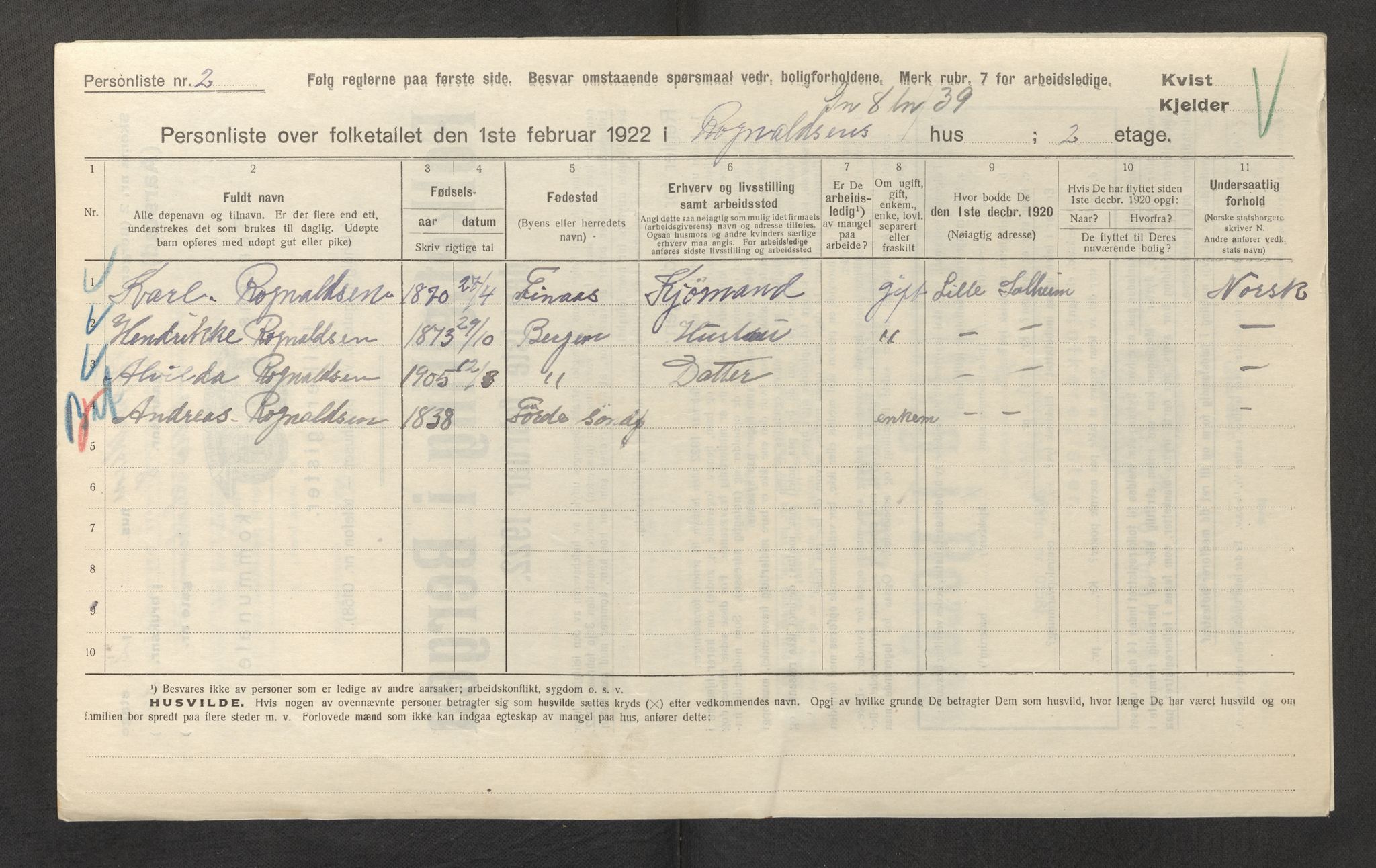 SAB, Municipal Census 1922 for Bergen, 1922, p. 59506