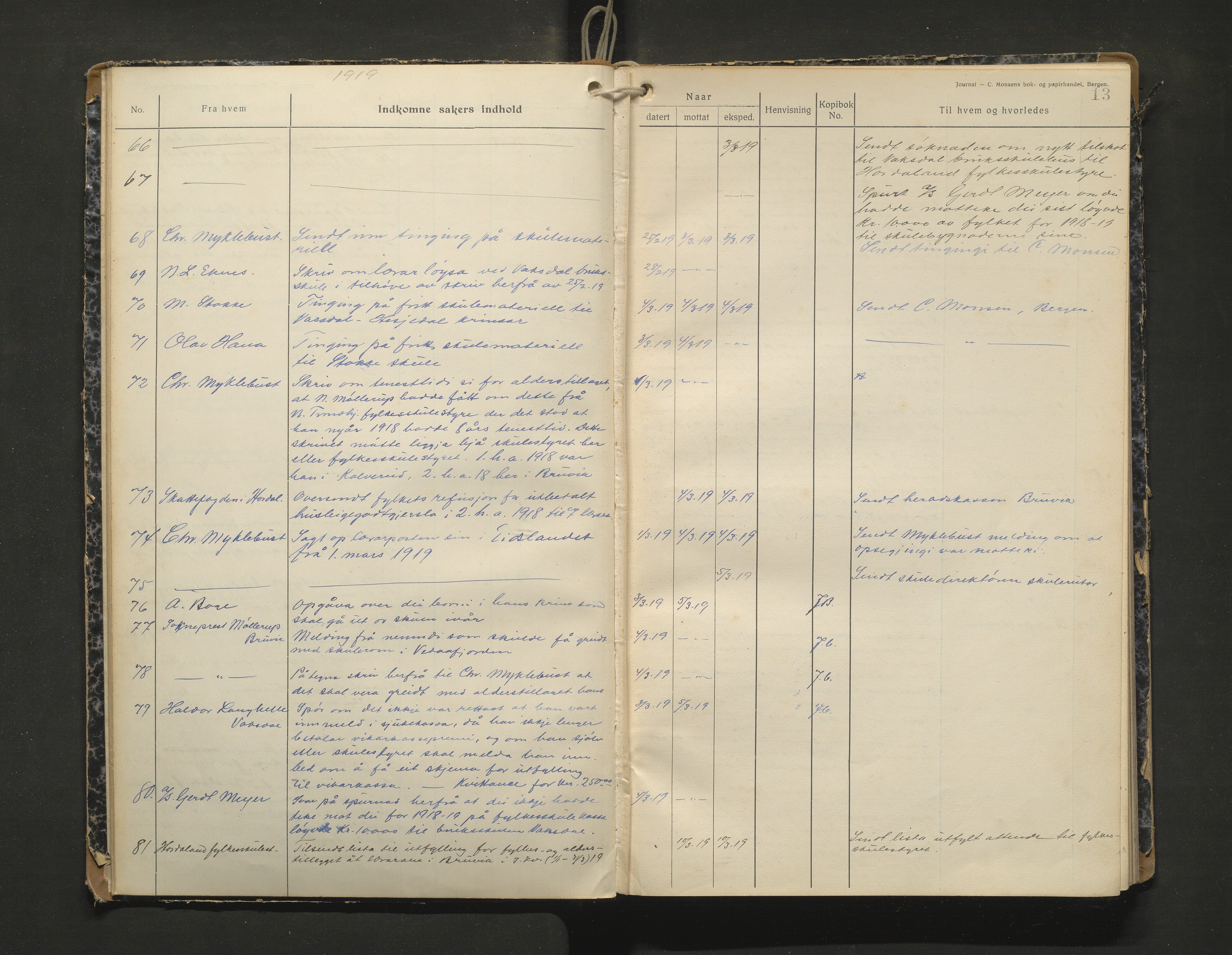 Bruvik kommune. Skulestyre, IKAH/1251a-211/C/Ca/L0003: Postjournal for Bruvik skulestyre, 1918-1920