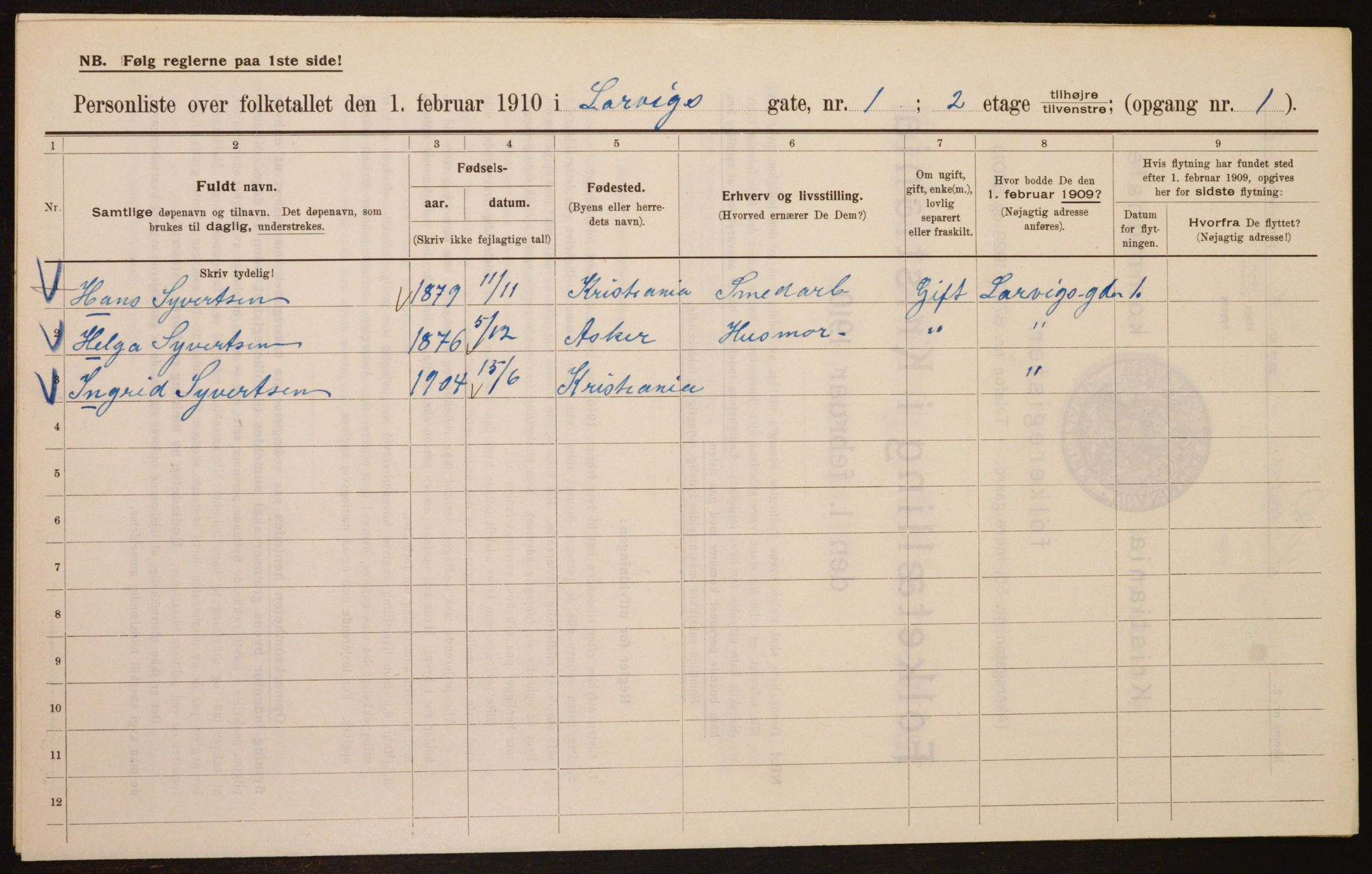 OBA, Municipal Census 1910 for Kristiania, 1910, p. 55017