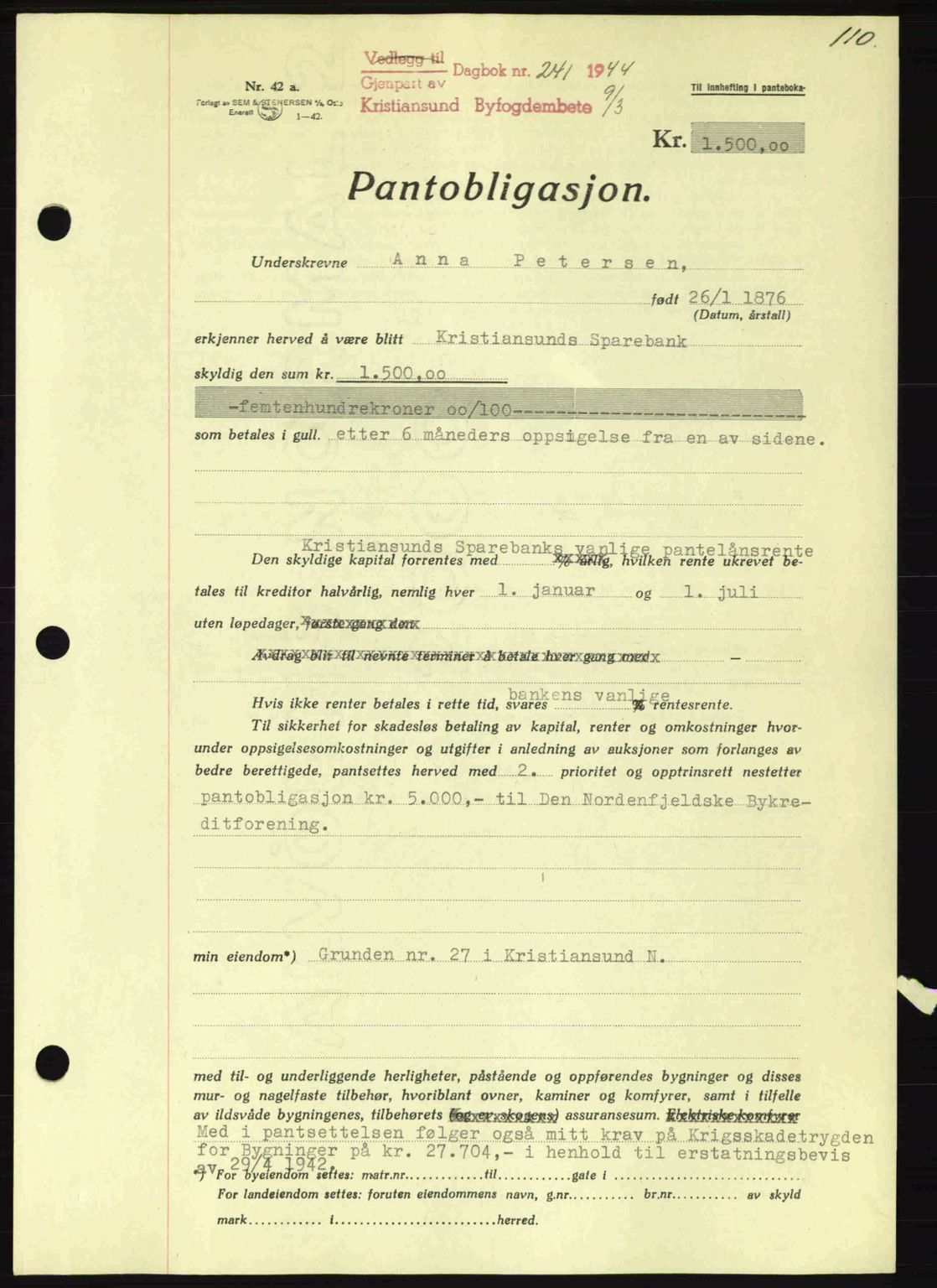 Kristiansund byfogd, SAT/A-4587/A/27: Mortgage book no. 37-38, 1943-1945, Diary no: : 241/1944