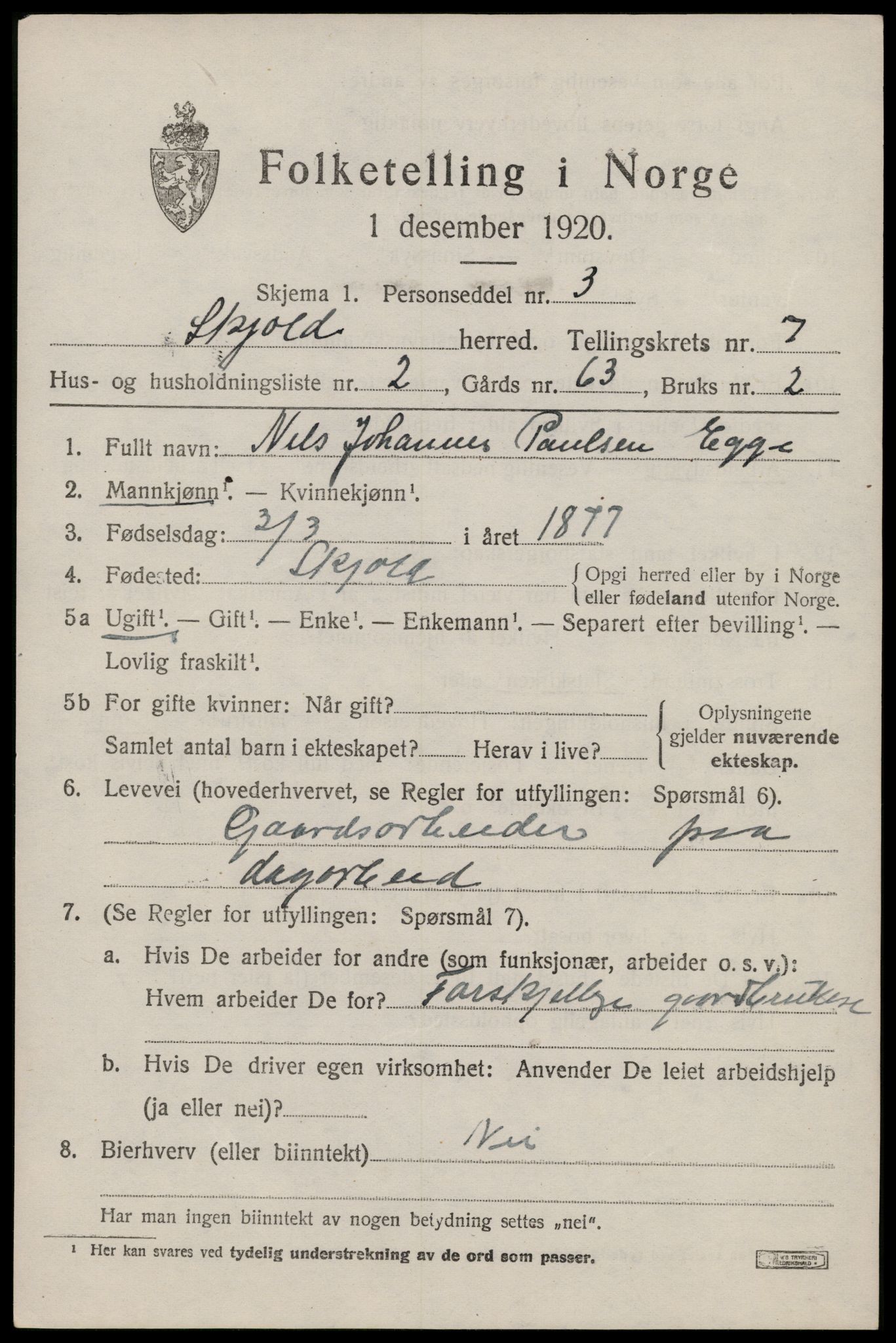 SAST, 1920 census for Skjold, 1920, p. 3898