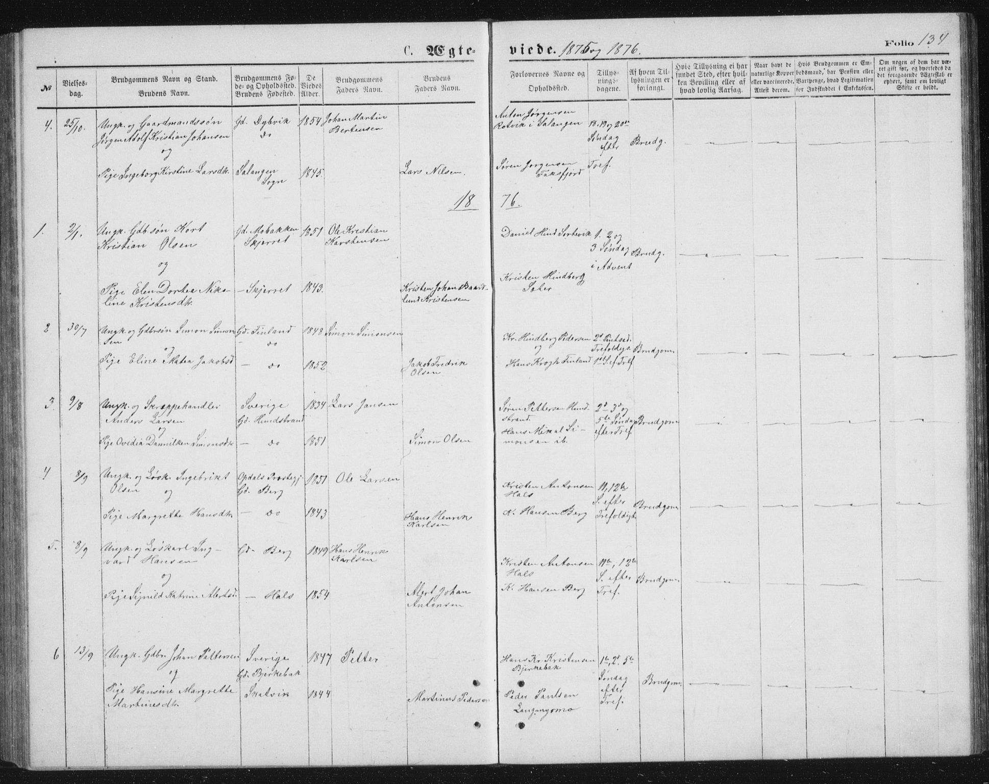 Tranøy sokneprestkontor, AV/SATØ-S-1313/I/Ia/Iab/L0013klokker: Parish register (copy) no. 13, 1874-1896, p. 134