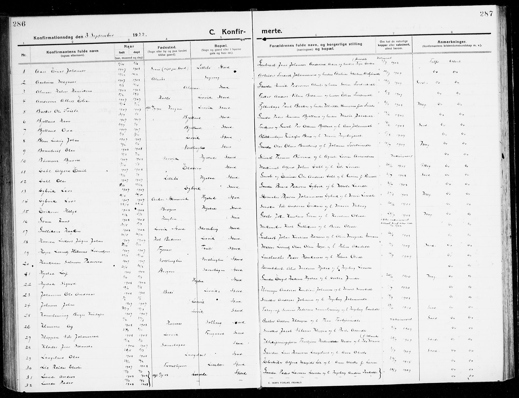 Stord sokneprestembete, SAB/A-78201/H/Haa: Parish register (official) no. B 3, 1913-1925, p. 286-287