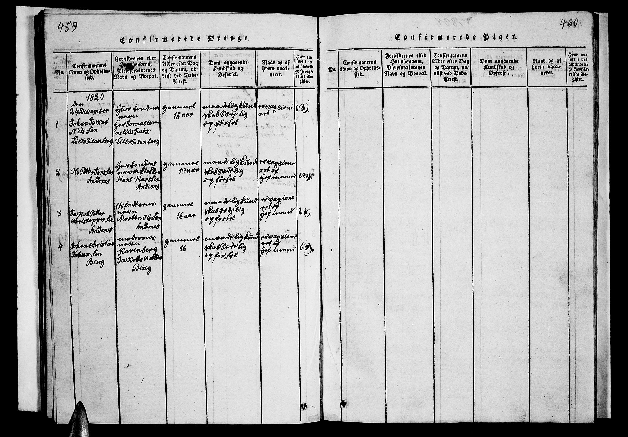 Ministerialprotokoller, klokkerbøker og fødselsregistre - Nordland, AV/SAT-A-1459/899/L1446: Parish register (copy) no. 899C01, 1820-1868, p. 459-460