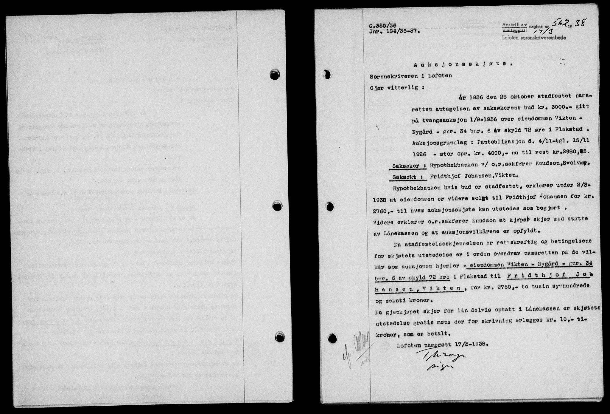 Lofoten sorenskriveri, SAT/A-0017/1/2/2C/L0003a: Mortgage book no. 3a, 1937-1938, Diary no: : 562/1938