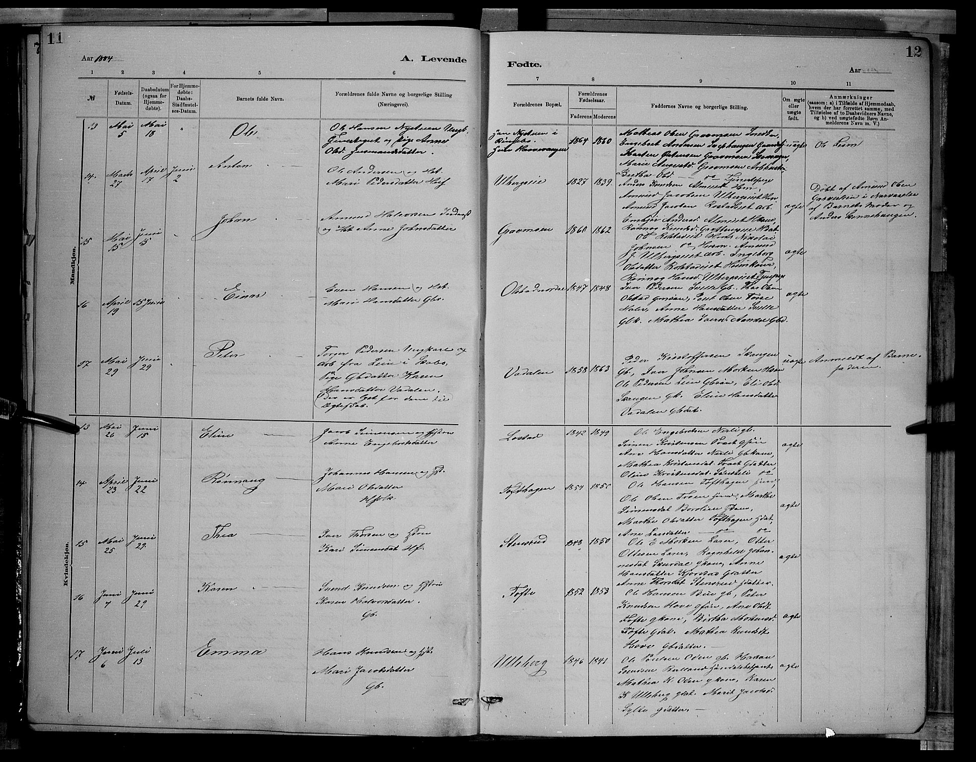 Sør-Fron prestekontor, AV/SAH-PREST-010/H/Ha/Hab/L0003: Parish register (copy) no. 3, 1884-1896, p. 11-12