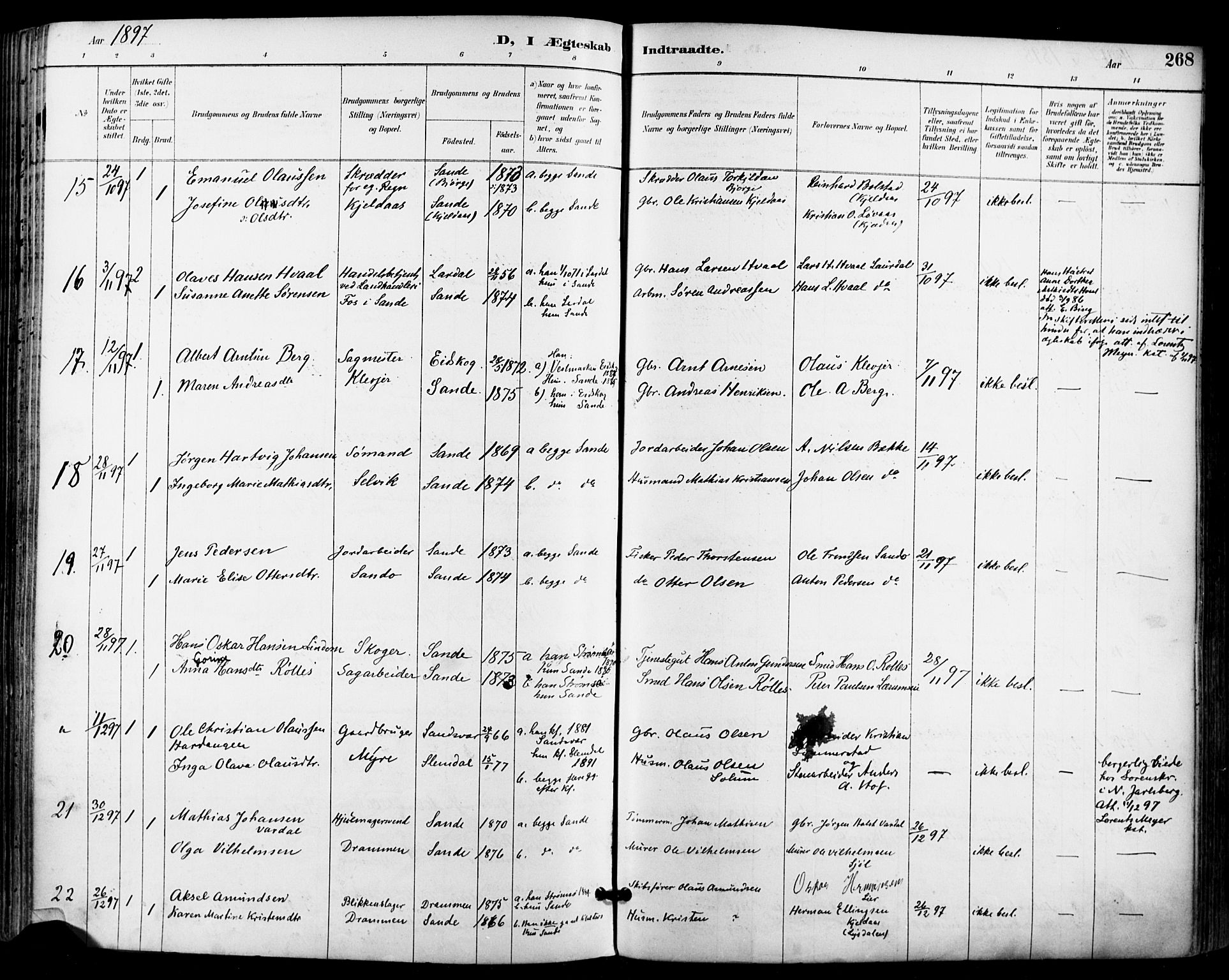 Sande Kirkebøker, AV/SAKO-A-53/F/Fa/L0007: Parish register (official) no. 7, 1888-1903, p. 268