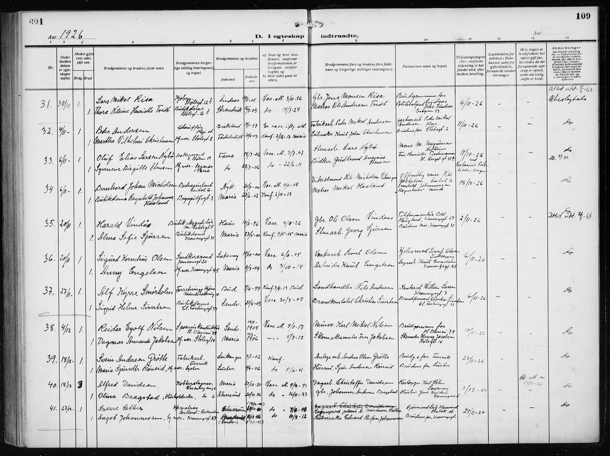 Mariakirken Sokneprestembete, AV/SAB-A-76901/H/Haa/L0015: Parish register (official) no. C 3, 1913-1927, p. 109