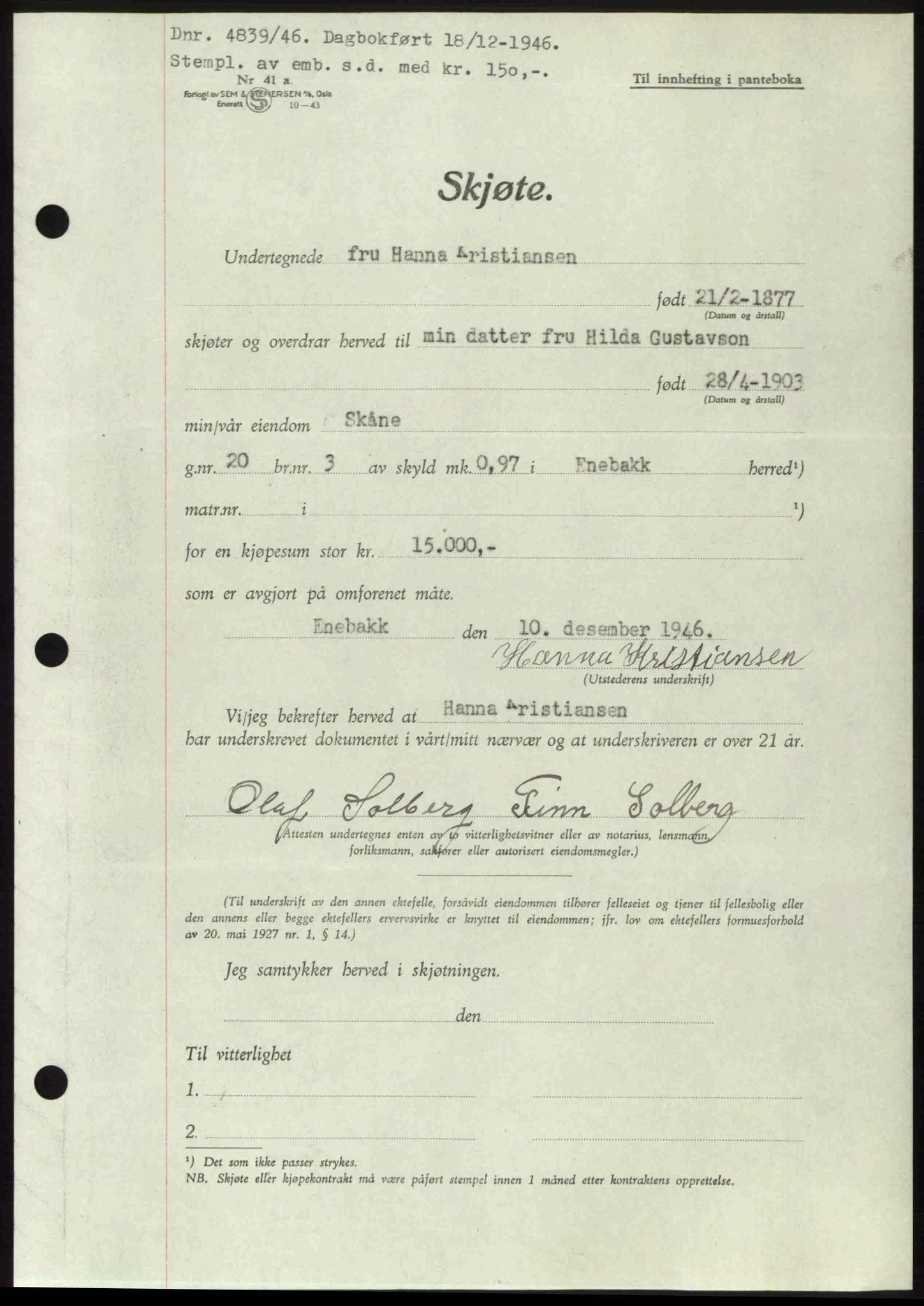 Nedre Romerike sorenskriveri, AV/SAO-A-10469/G/Gb/Gbd/L0017: Mortgage book no. 17, 1946-1946, Diary no: : 4839/1946