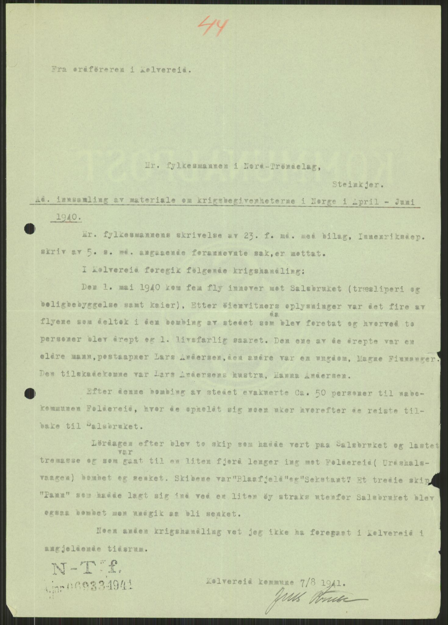 Forsvaret, Forsvarets krigshistoriske avdeling, AV/RA-RAFA-2017/Y/Ya/L0016: II-C-11-31 - Fylkesmenn.  Rapporter om krigsbegivenhetene 1940., 1940, p. 488