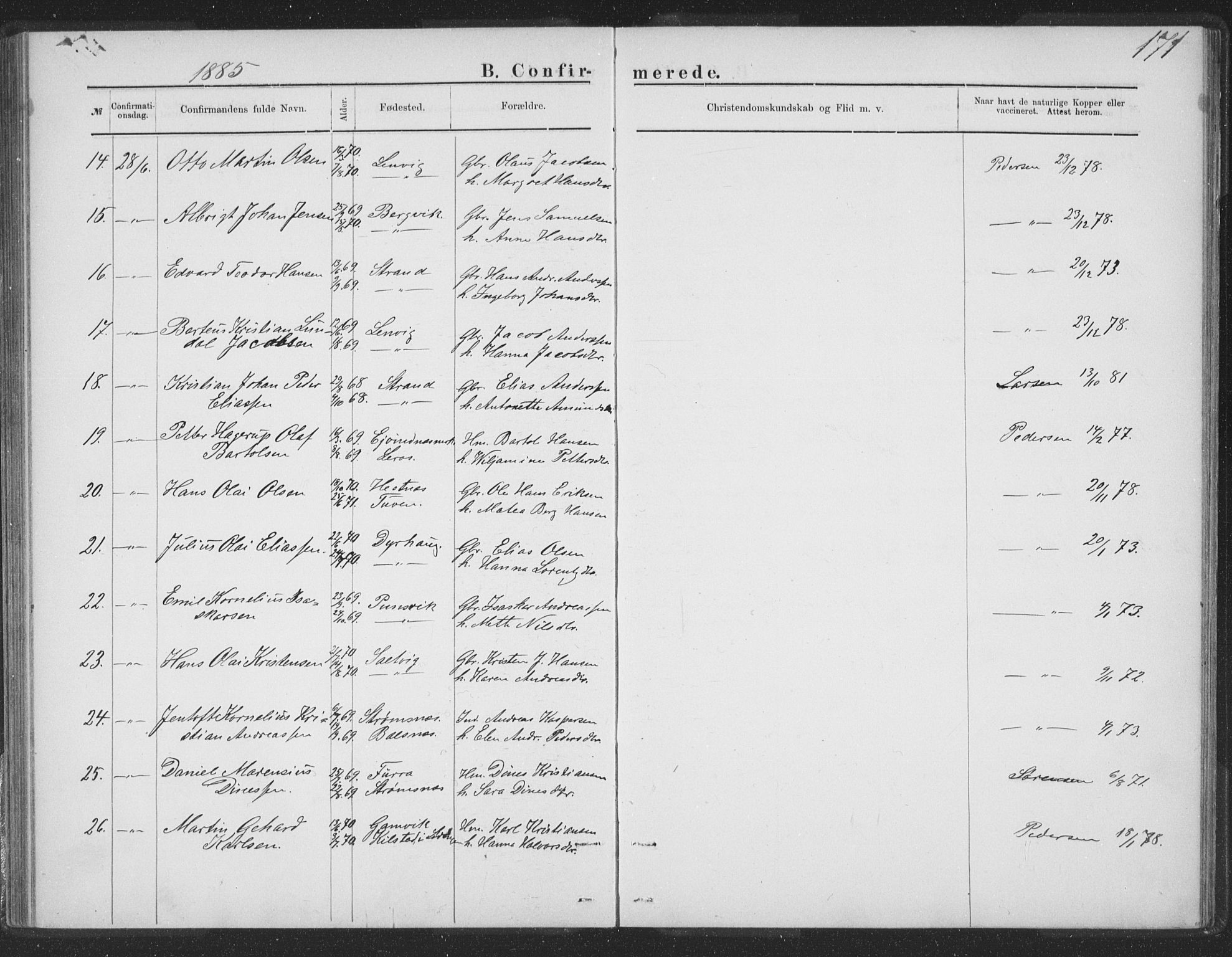 Ministerialprotokoller, klokkerbøker og fødselsregistre - Nordland, AV/SAT-A-1459/863/L0913: Parish register (copy) no. 863C03, 1877-1885, p. 171