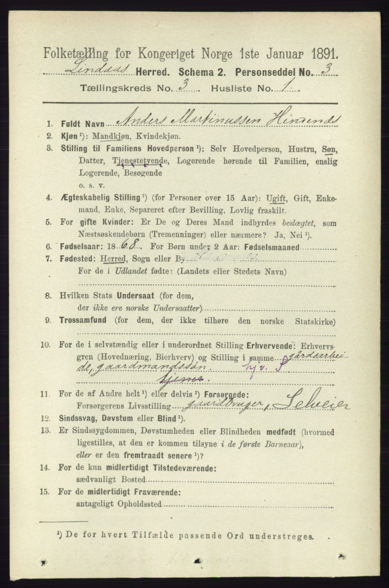 RA, 1891 census for 1263 Lindås, 1891, p. 807