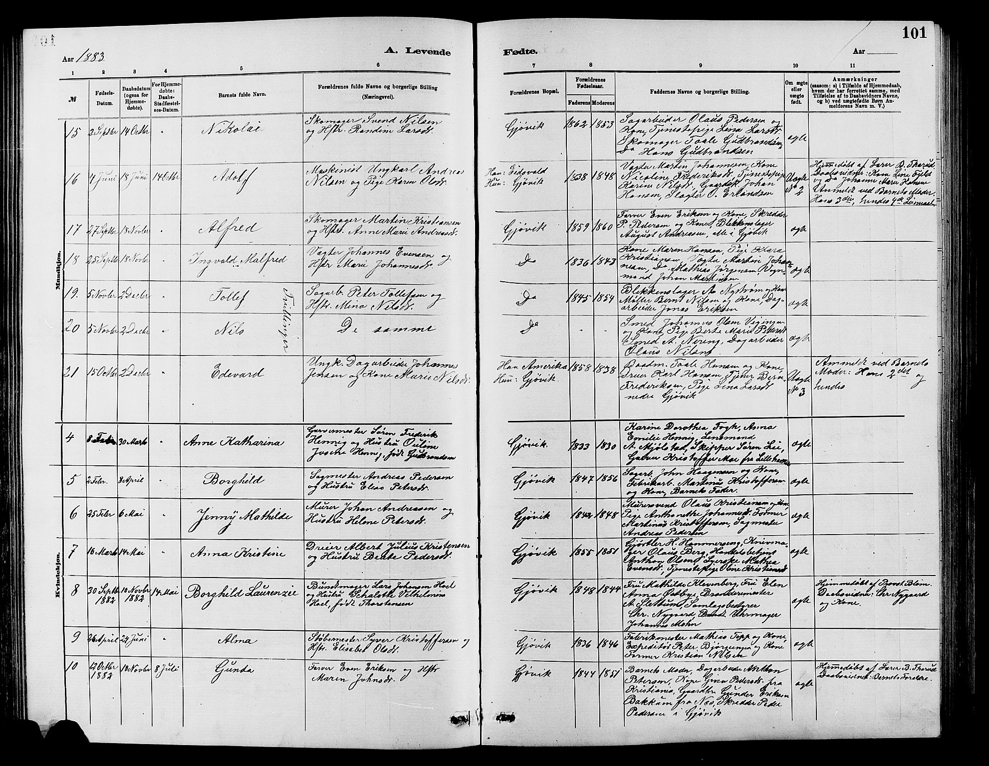 Vardal prestekontor, SAH/PREST-100/H/Ha/Hab/L0007: Parish register (copy) no. 7 /2, 1881-1895, p. 101