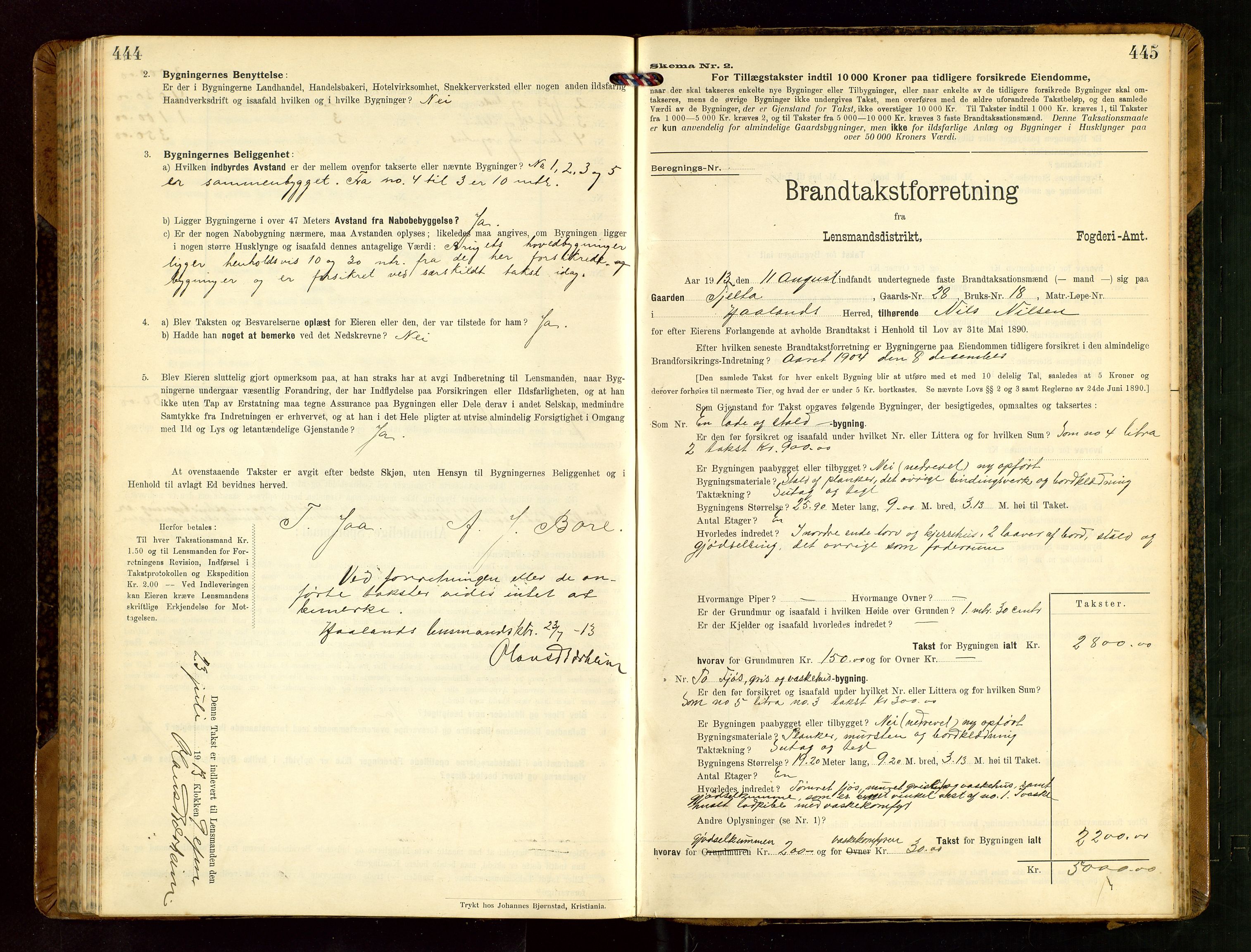 Håland lensmannskontor, AV/SAST-A-100100/Gob/L0004: Branntakstprotokoll - skjematakst. Register i boken., 1913-1915, p. 444-445