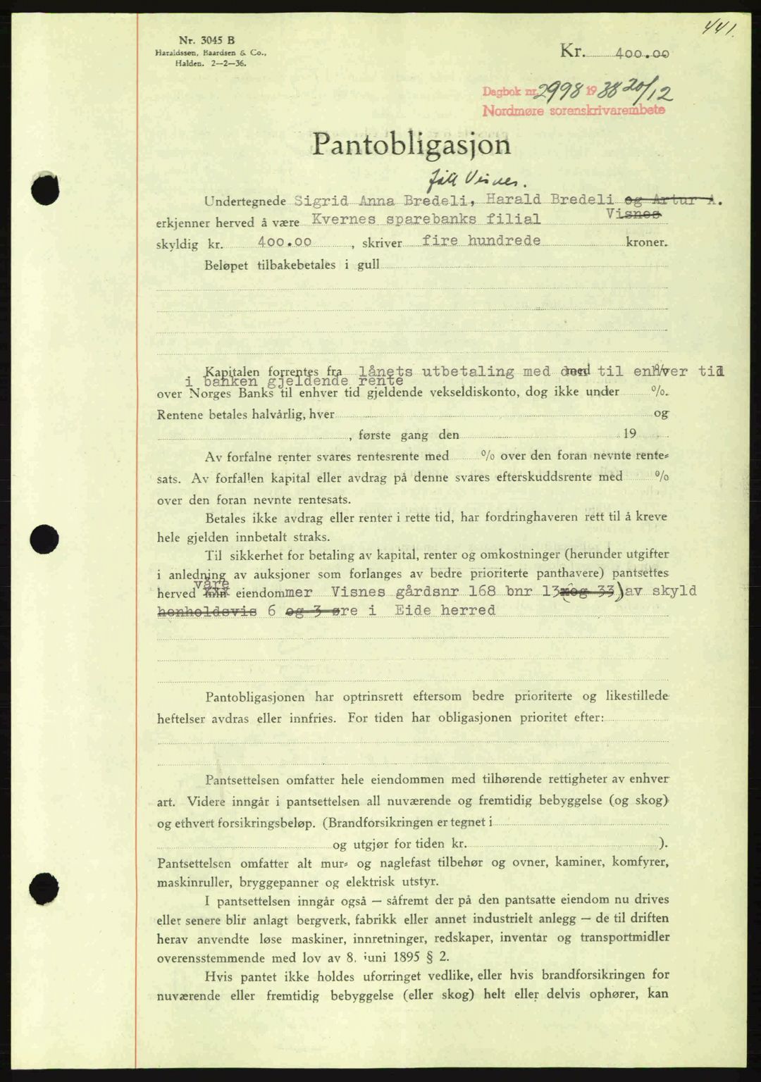 Nordmøre sorenskriveri, SAT/A-4132/1/2/2Ca: Mortgage book no. B84, 1938-1939, Diary no: : 2998/1938